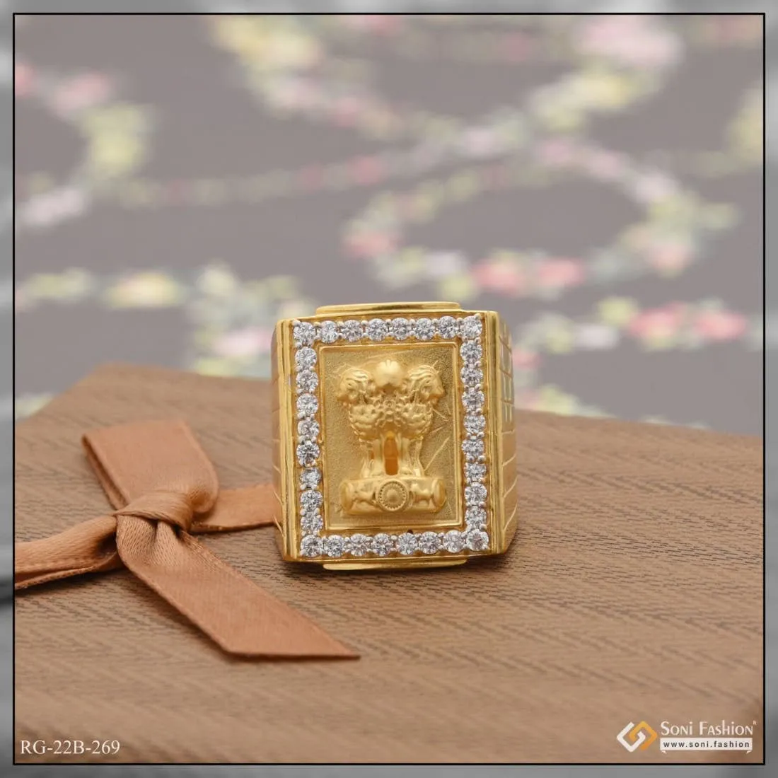 1 Gram Gold Plated Mudra with Diamond Glamorous Design Ring for Men - Style B269