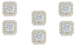 14k Yellow Gold Plated 4Ct Princess Cut White Sapphire Set of Three Halo Stud Earrings