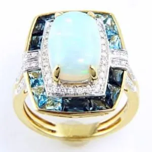 14K Yellow Opal, Blue Topaz and Natural Diamond Ring Size 7