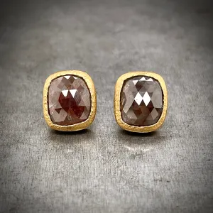 18k Yellow Gold Red/Brown Diamond Stud Earrings