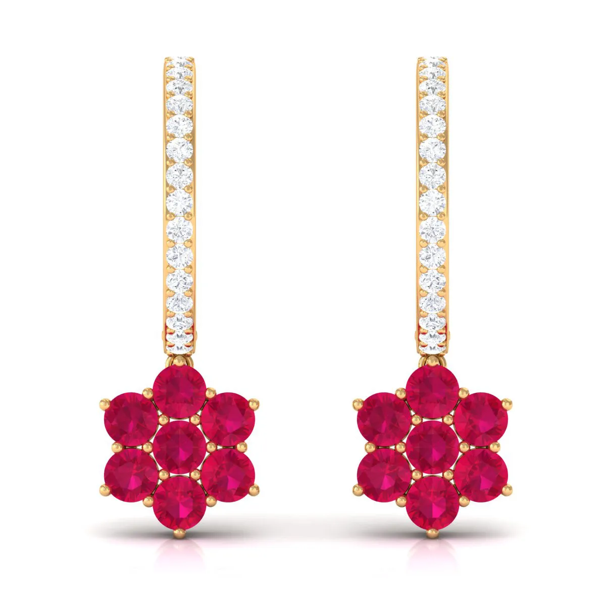 2.25 CT Ruby and Moissanite Flower Drop Dangle Earrings