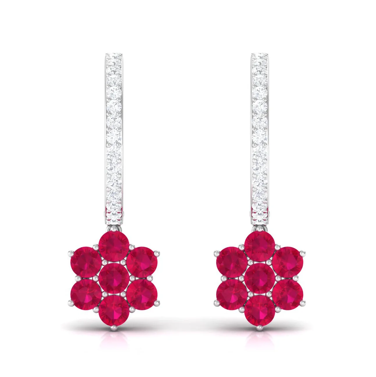 2.25 CT Ruby and Moissanite Flower Drop Dangle Earrings