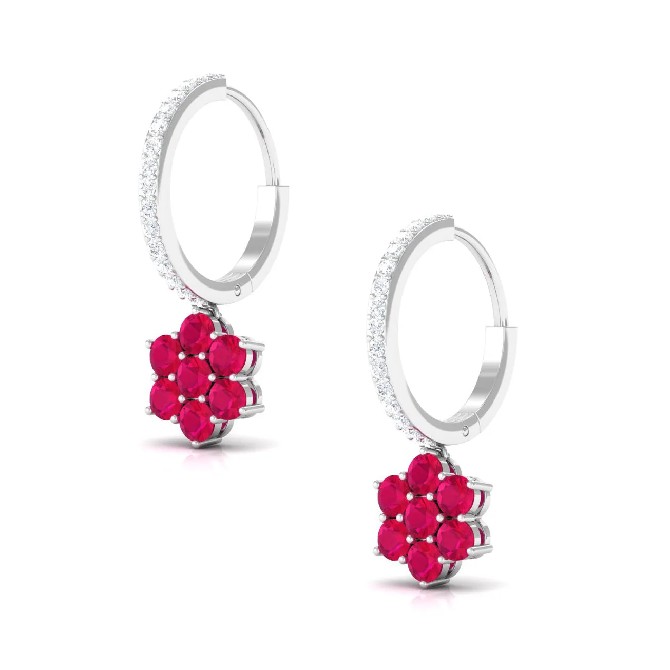 2.25 CT Ruby and Moissanite Flower Drop Dangle Earrings