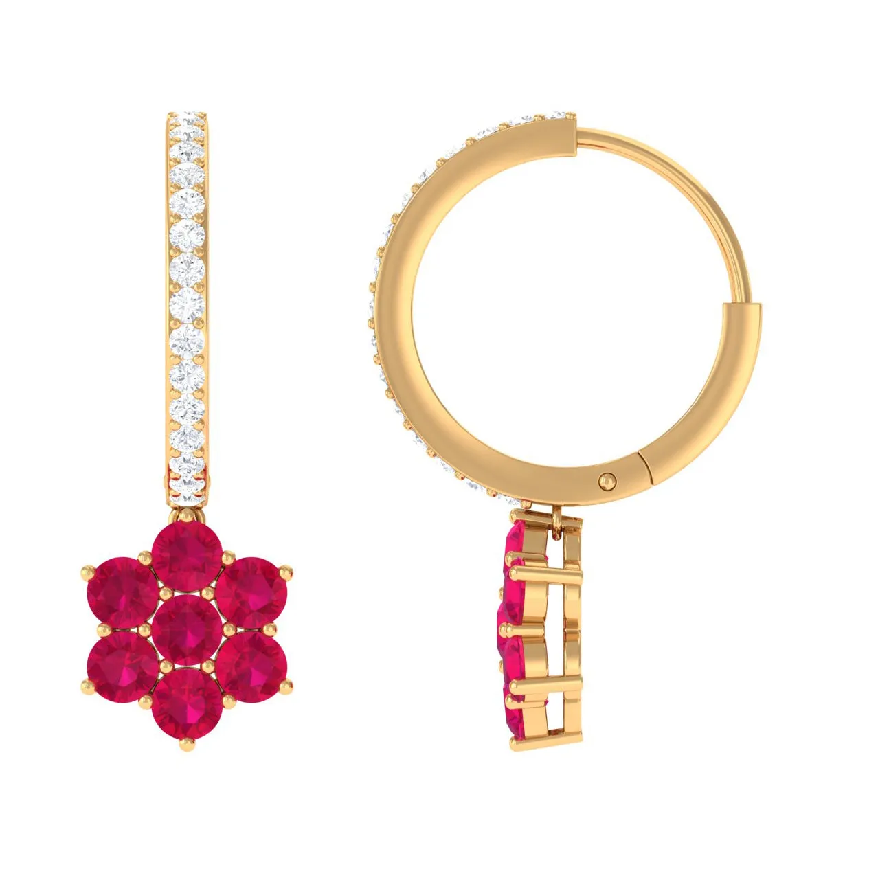 2.25 CT Ruby and Moissanite Flower Drop Dangle Earrings