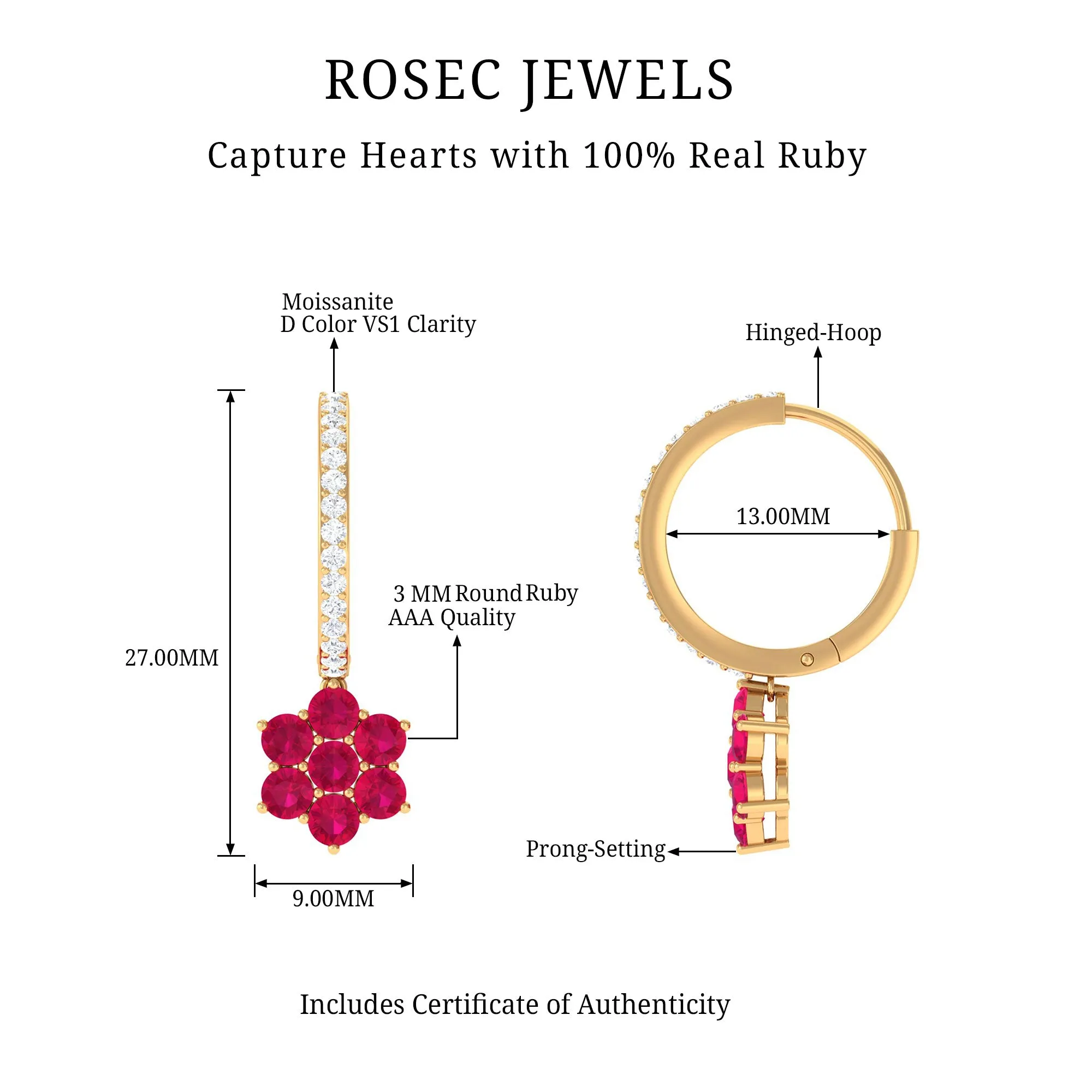 2.25 CT Ruby and Moissanite Flower Drop Dangle Earrings