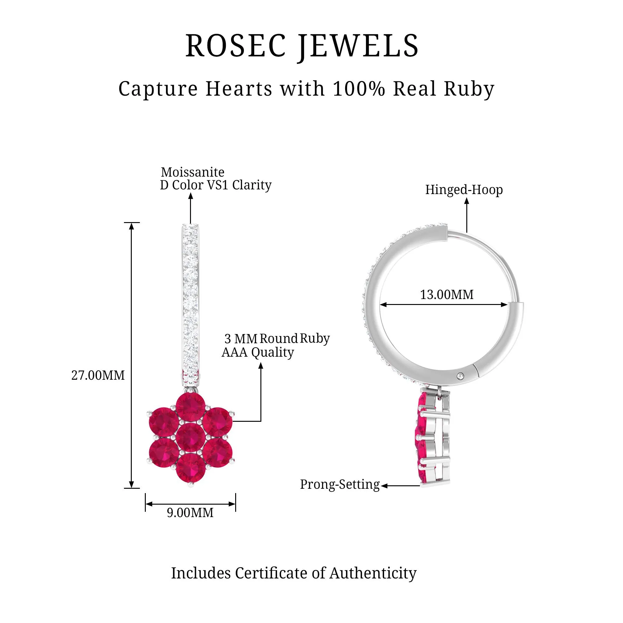 2.25 CT Ruby and Moissanite Flower Drop Dangle Earrings