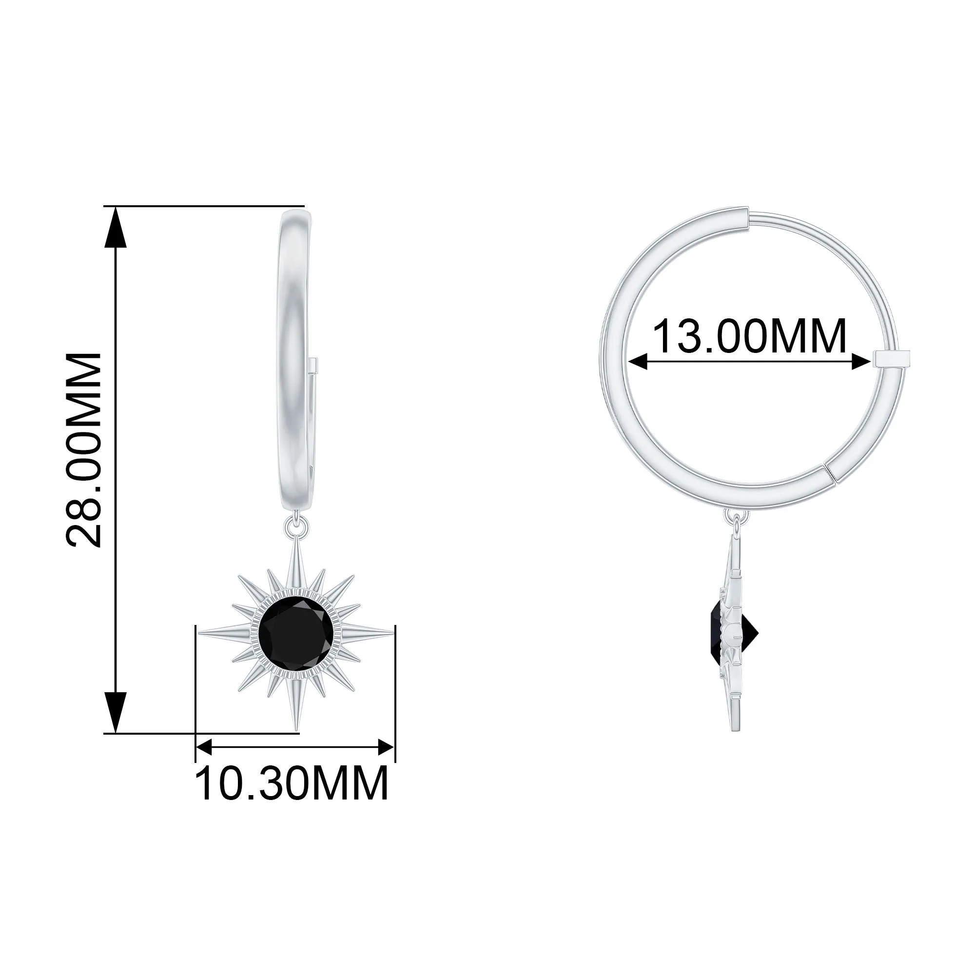 4 MM Round Shape Black Spinel and Gold Sunburst Hoop Drop Earrings For Women