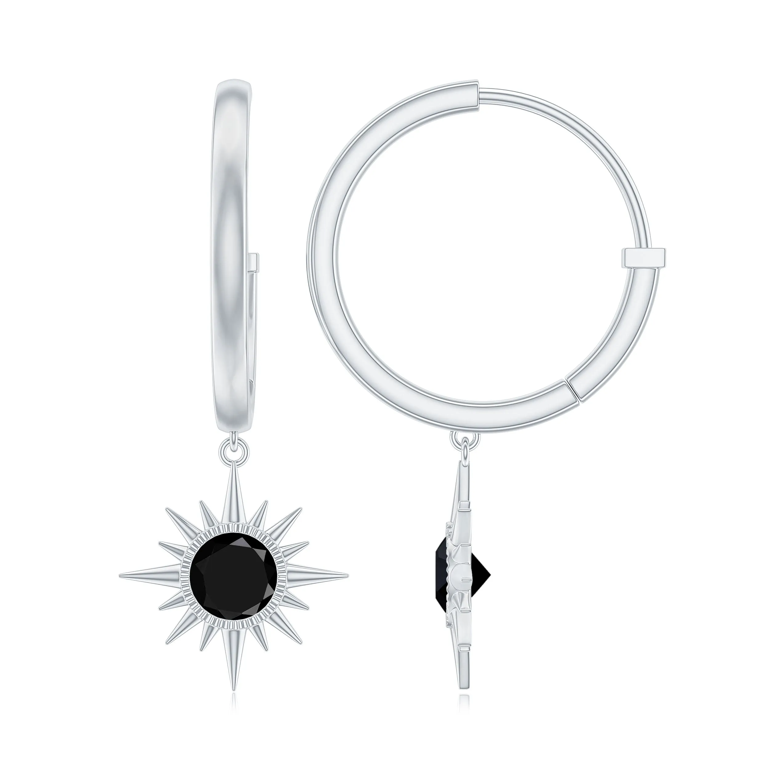 4 MM Round Shape Black Spinel and Gold Sunburst Hoop Drop Earrings For Women