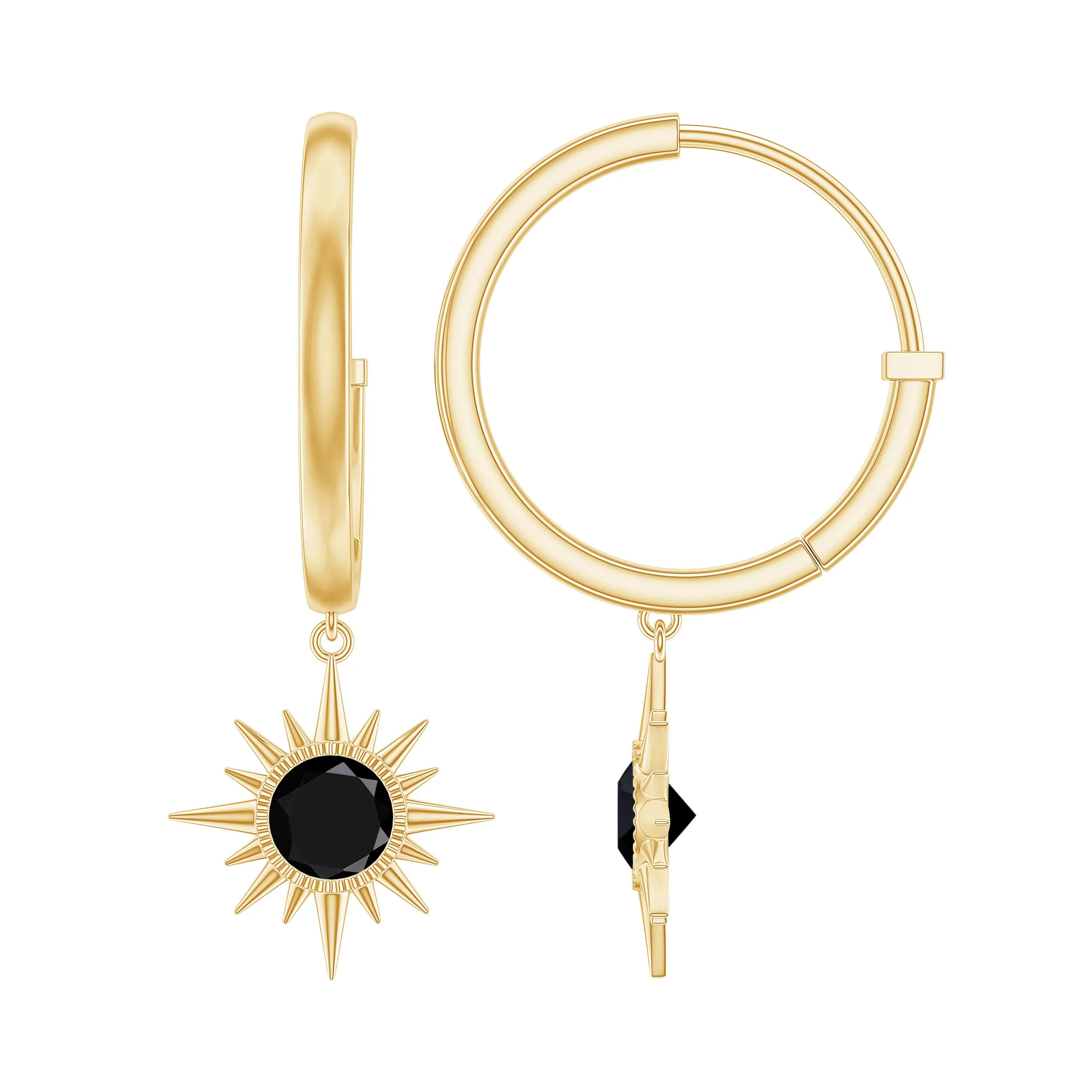 4 MM Round Shape Black Spinel and Gold Sunburst Hoop Drop Earrings For Women