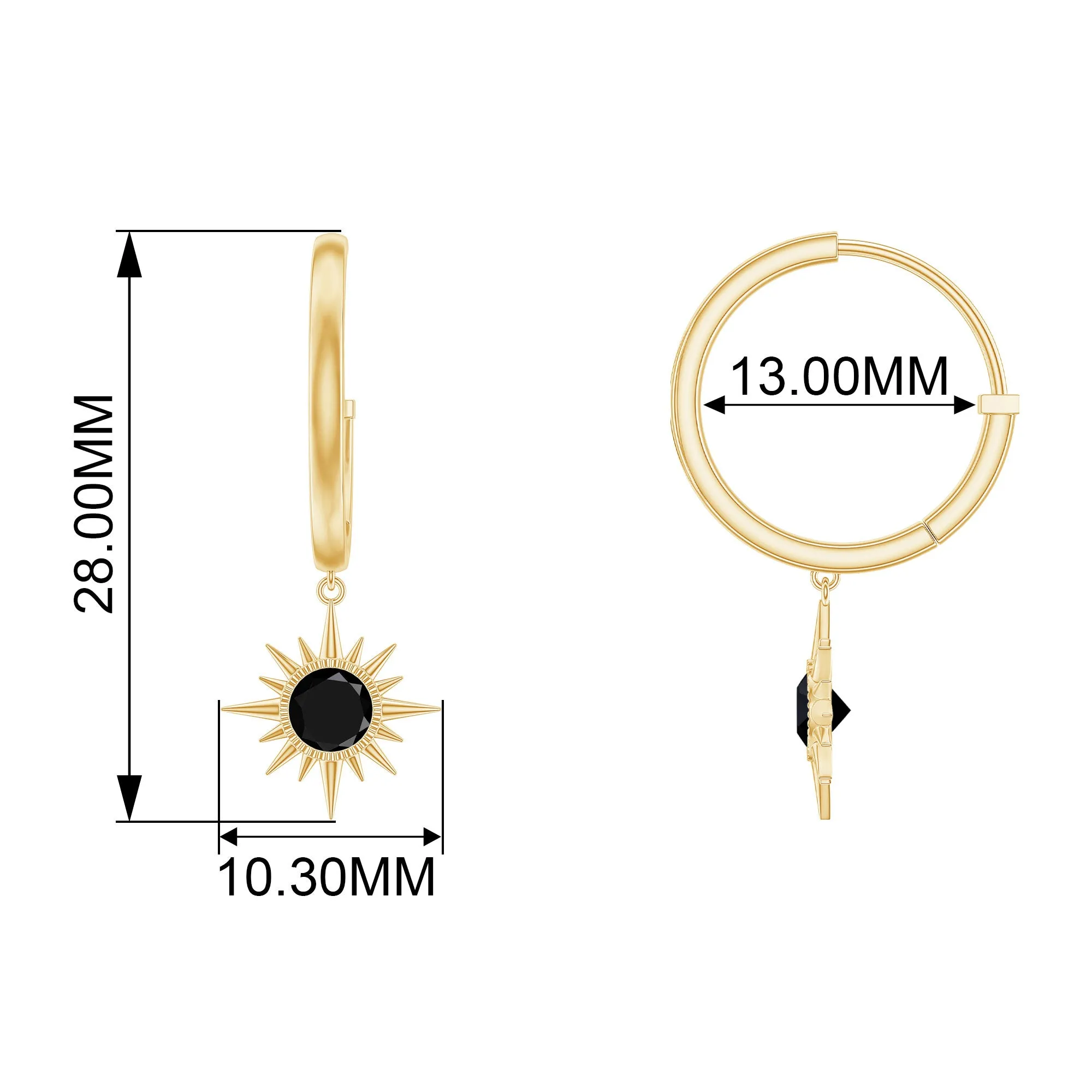 4 MM Round Shape Black Spinel and Gold Sunburst Hoop Drop Earrings For Women