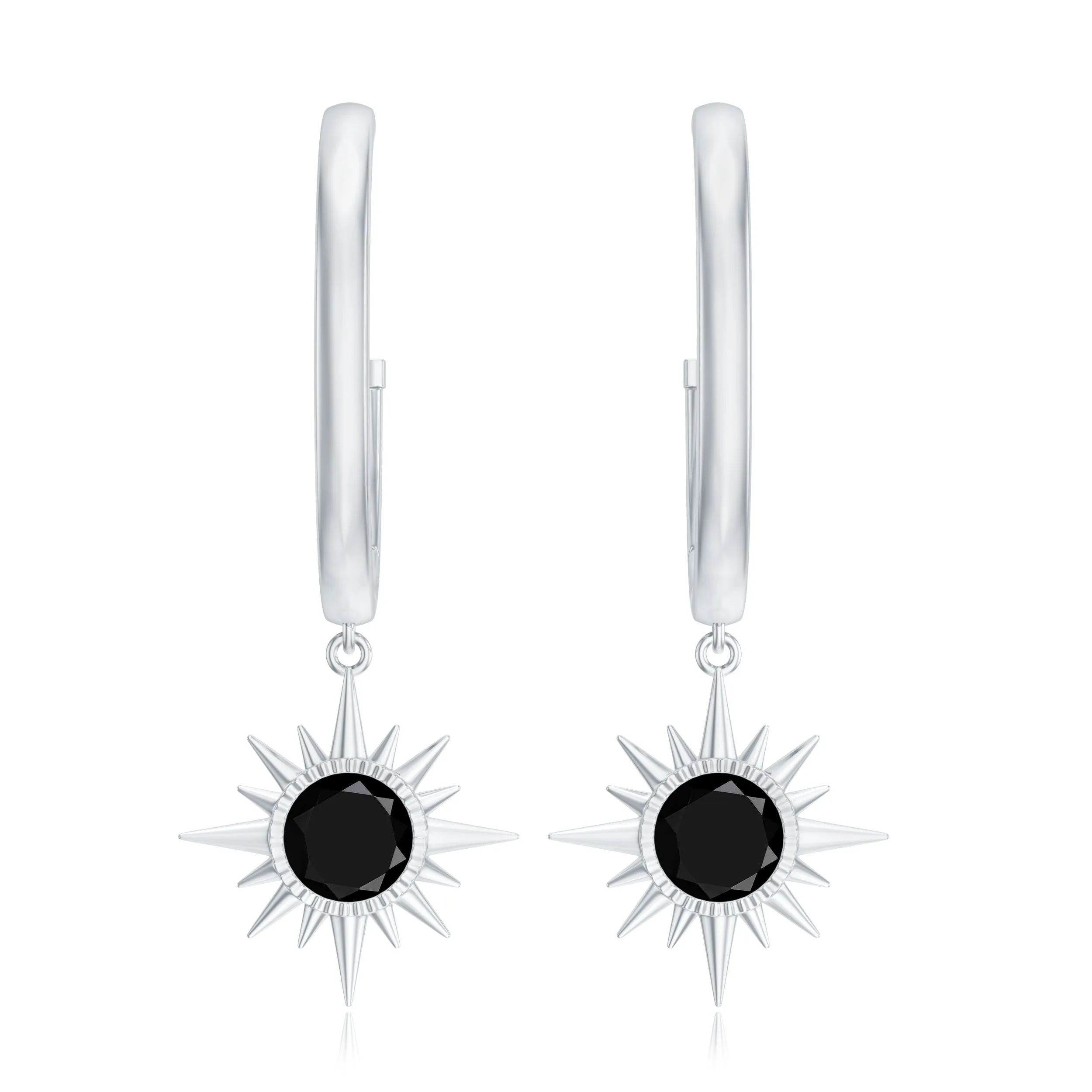 4 MM Round Shape Black Spinel and Gold Sunburst Hoop Drop Earrings For Women
