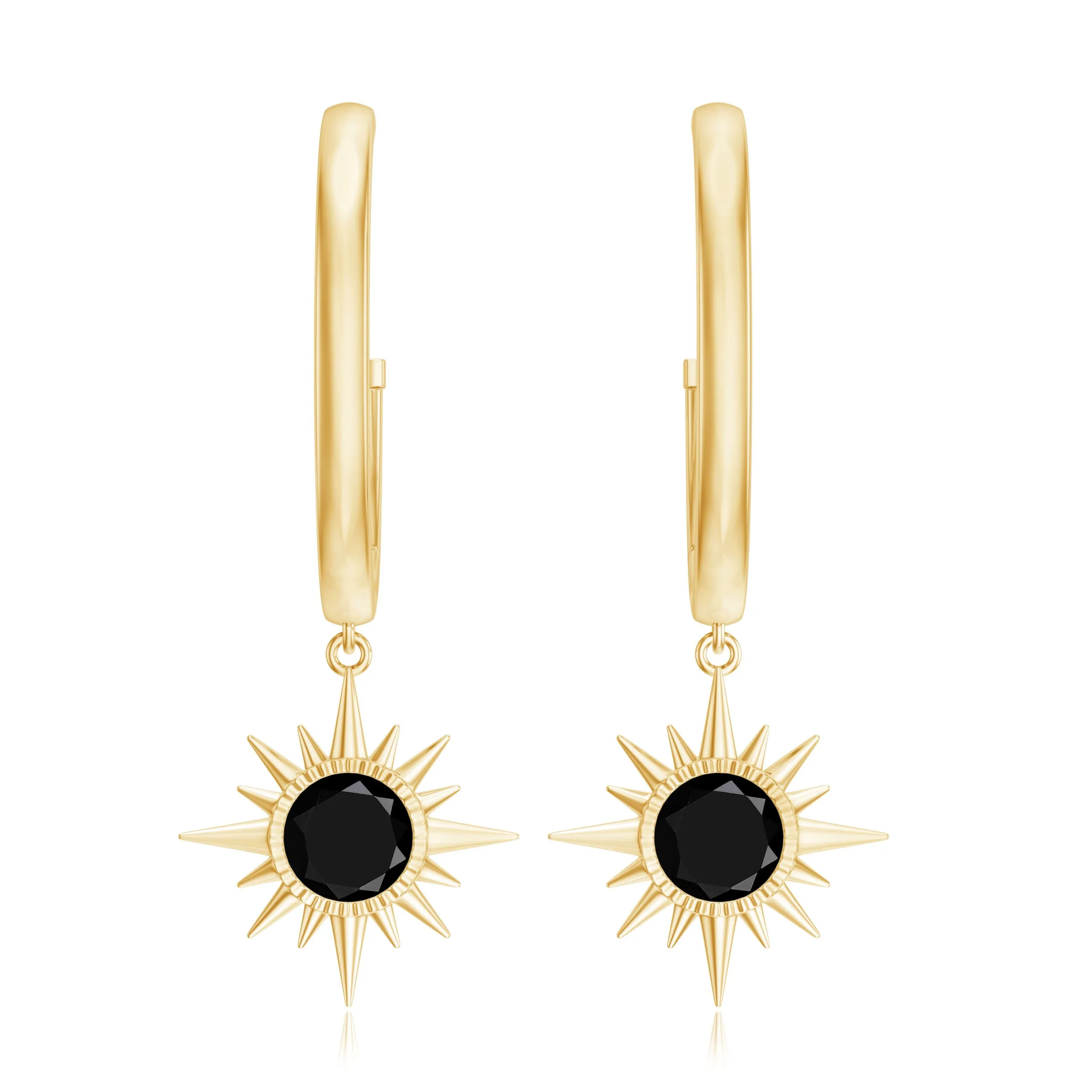 4 MM Round Shape Black Spinel and Gold Sunburst Hoop Drop Earrings For Women