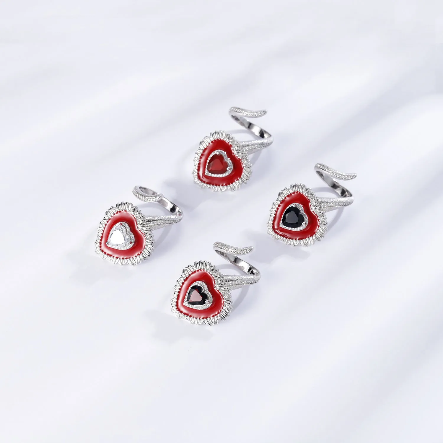 Angel Red Heart Natural Gemstones Opening Silver Ring