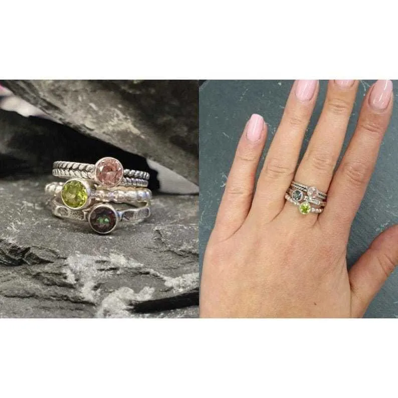 Australian Opal Ring - White Round Ring - Hammered Silver Band