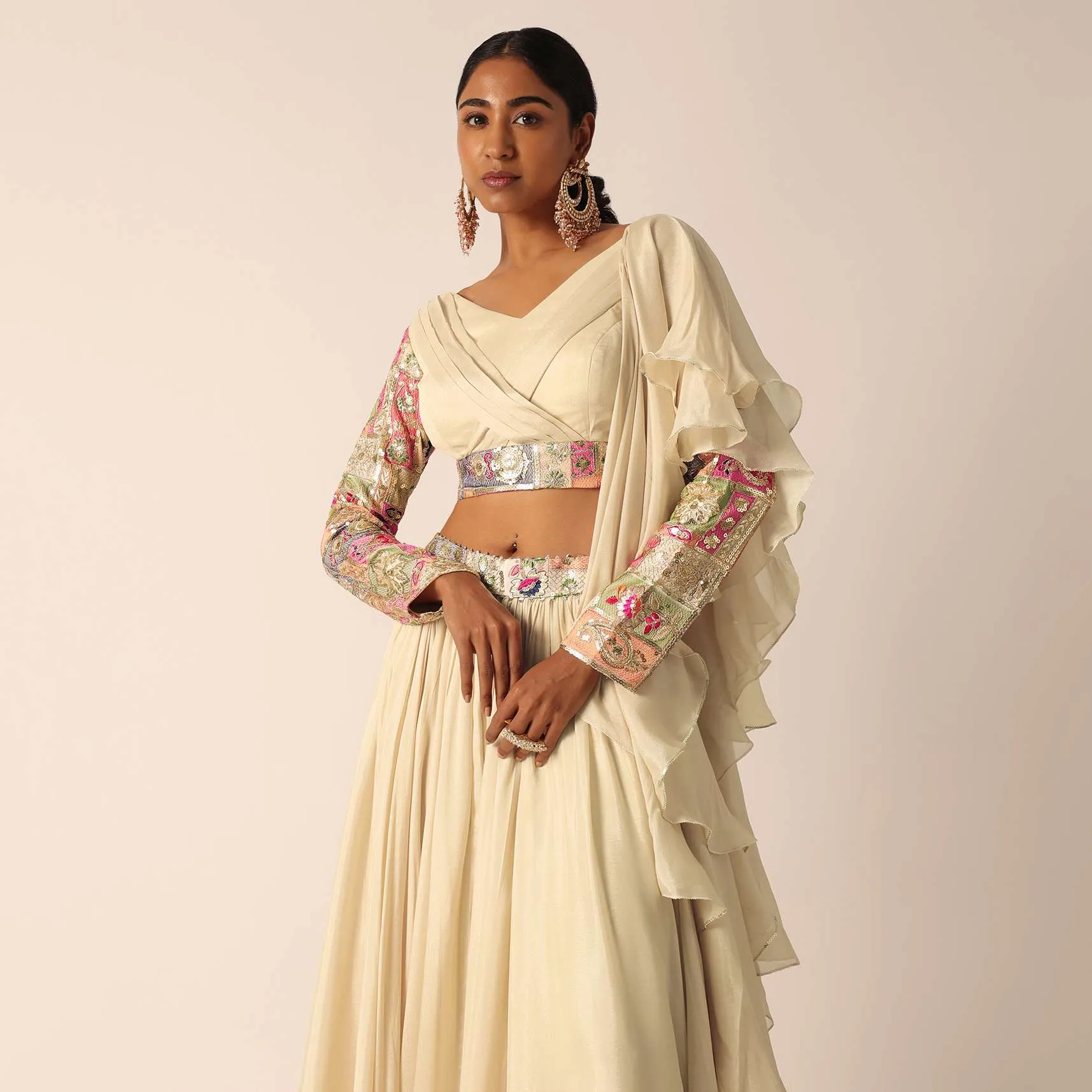 Beige Embroidered Blouse And Lehenga Set