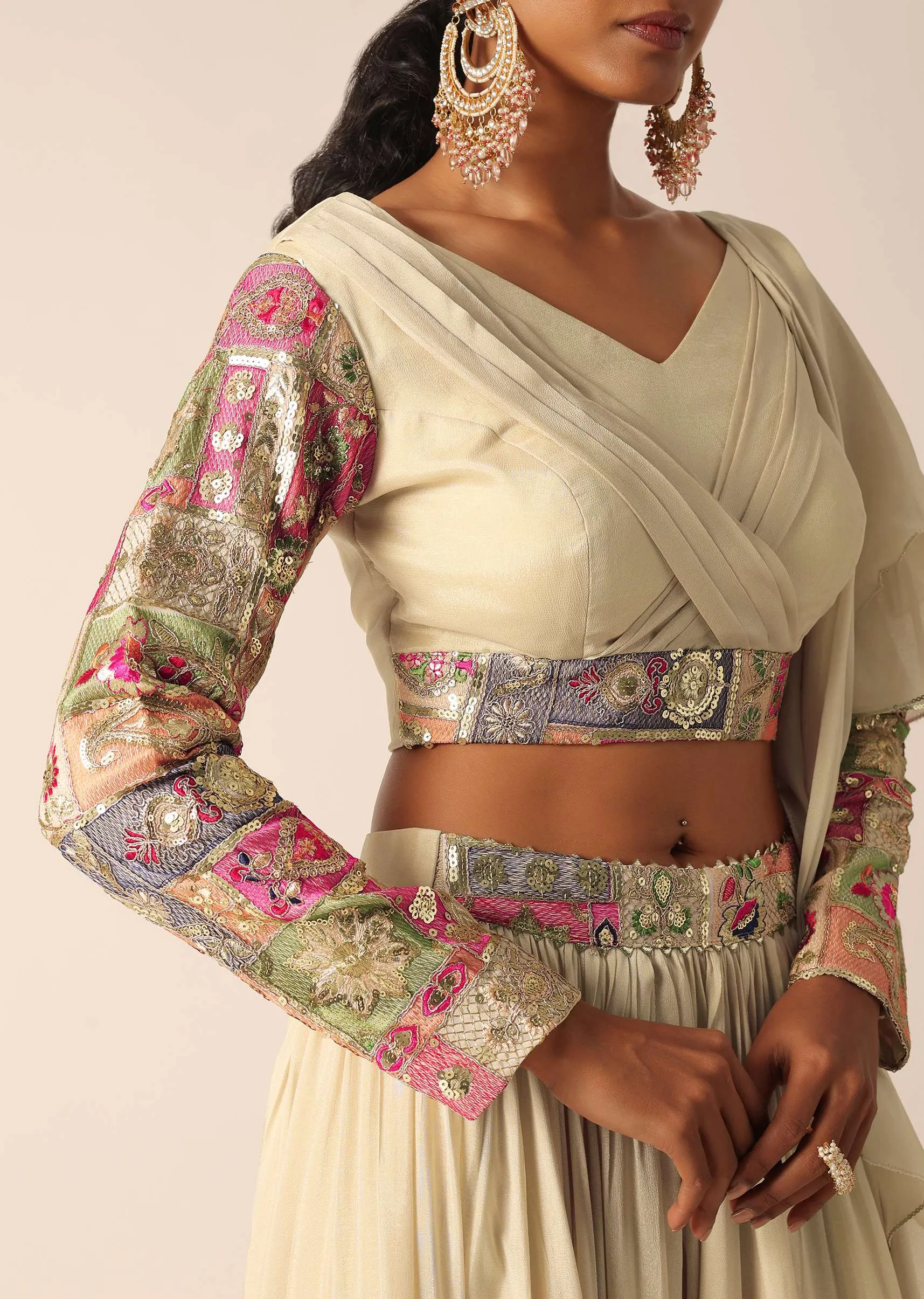 Beige Embroidered Blouse And Lehenga Set