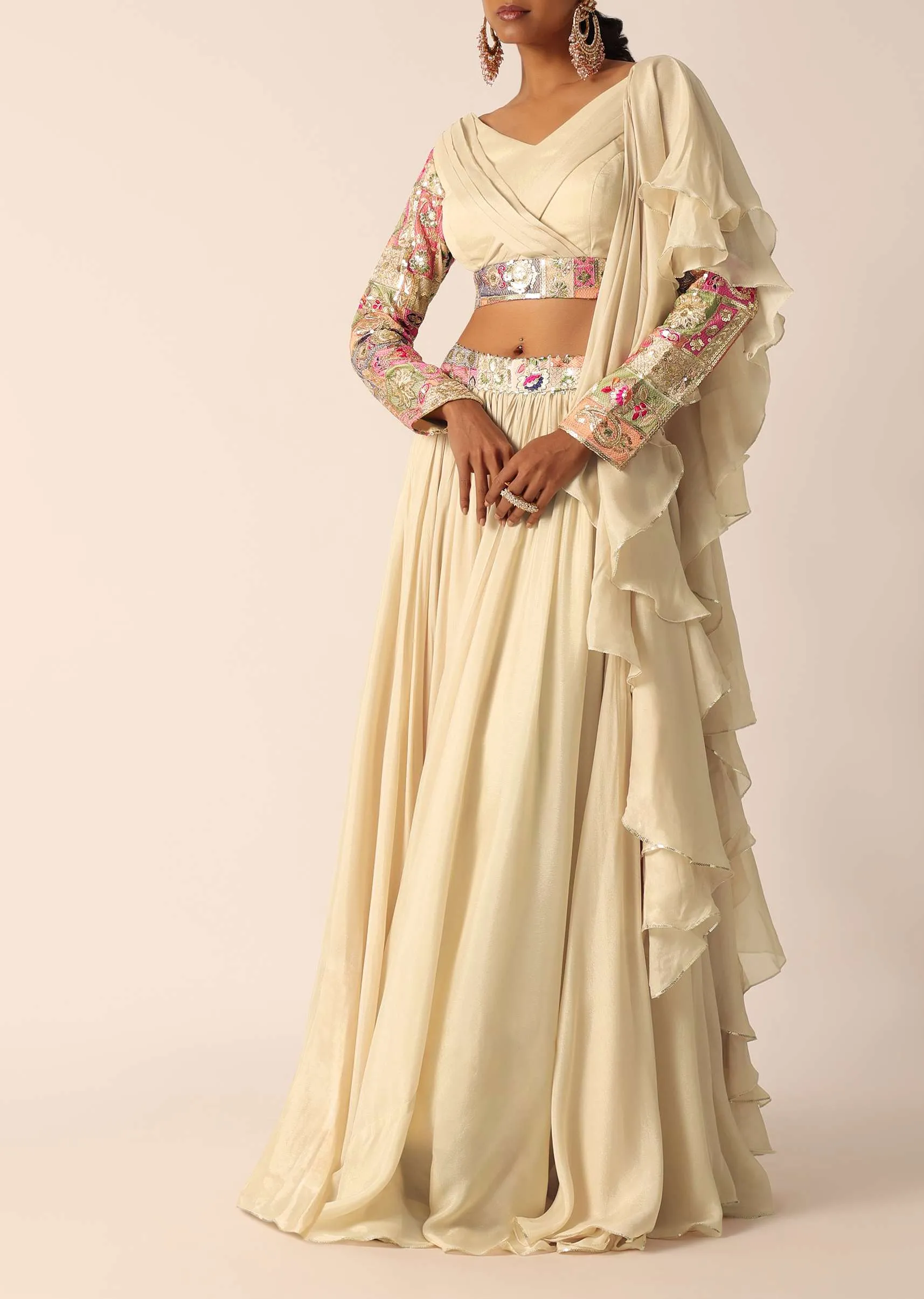 Beige Embroidered Blouse And Lehenga Set