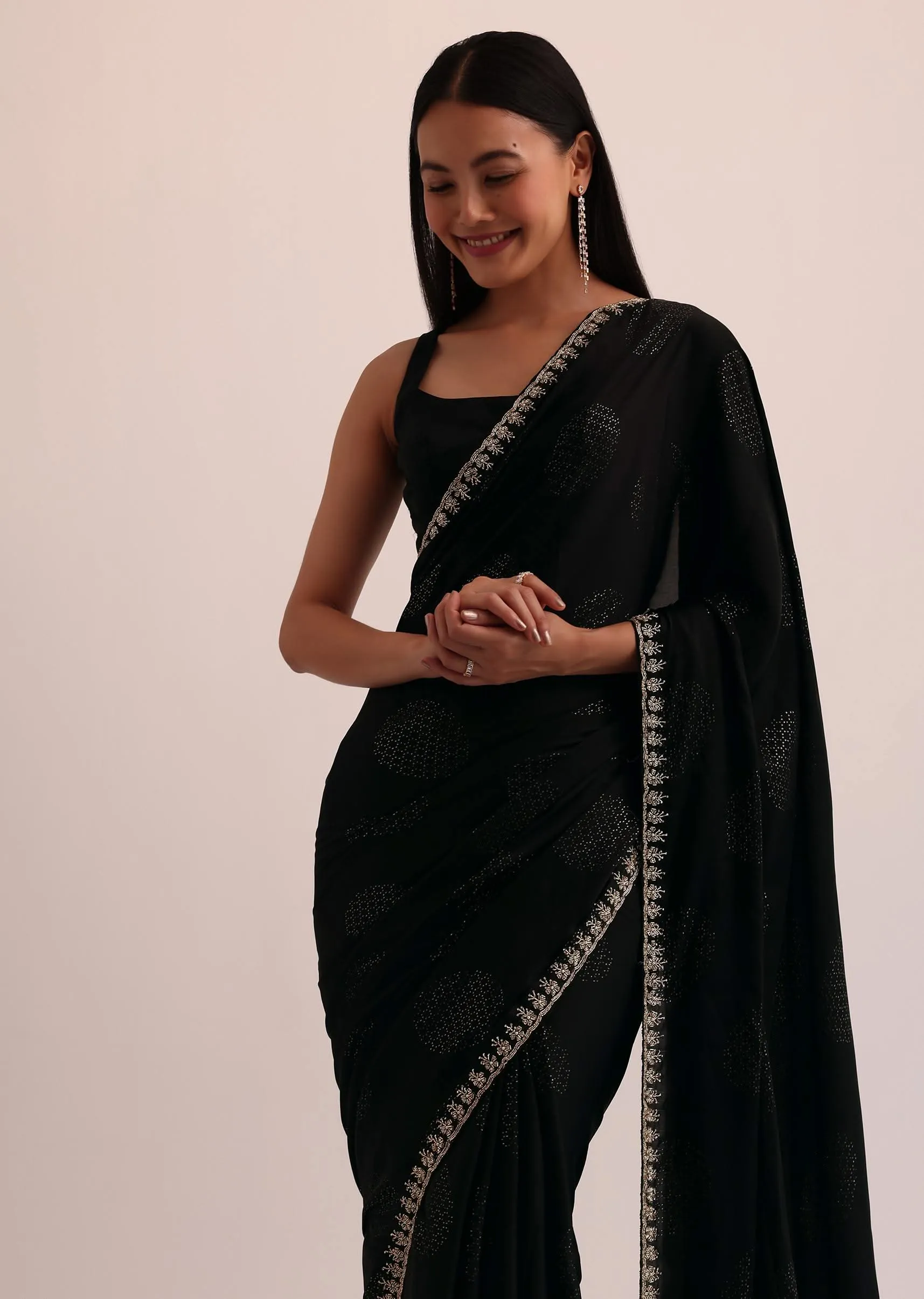 Black Satin Saree With Stone Embroidery And Unstitched Blouse