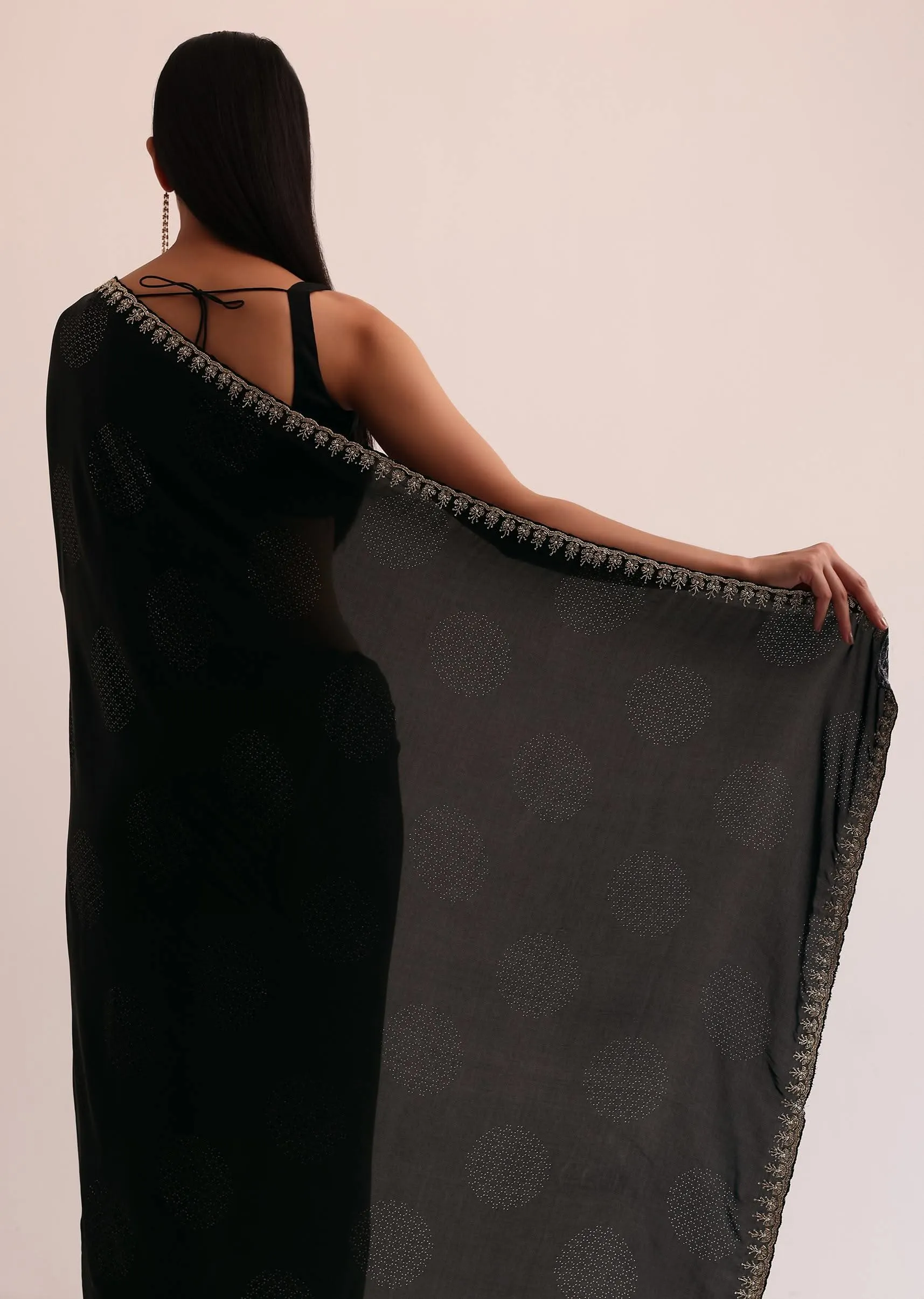Black Satin Saree With Stone Embroidery And Unstitched Blouse