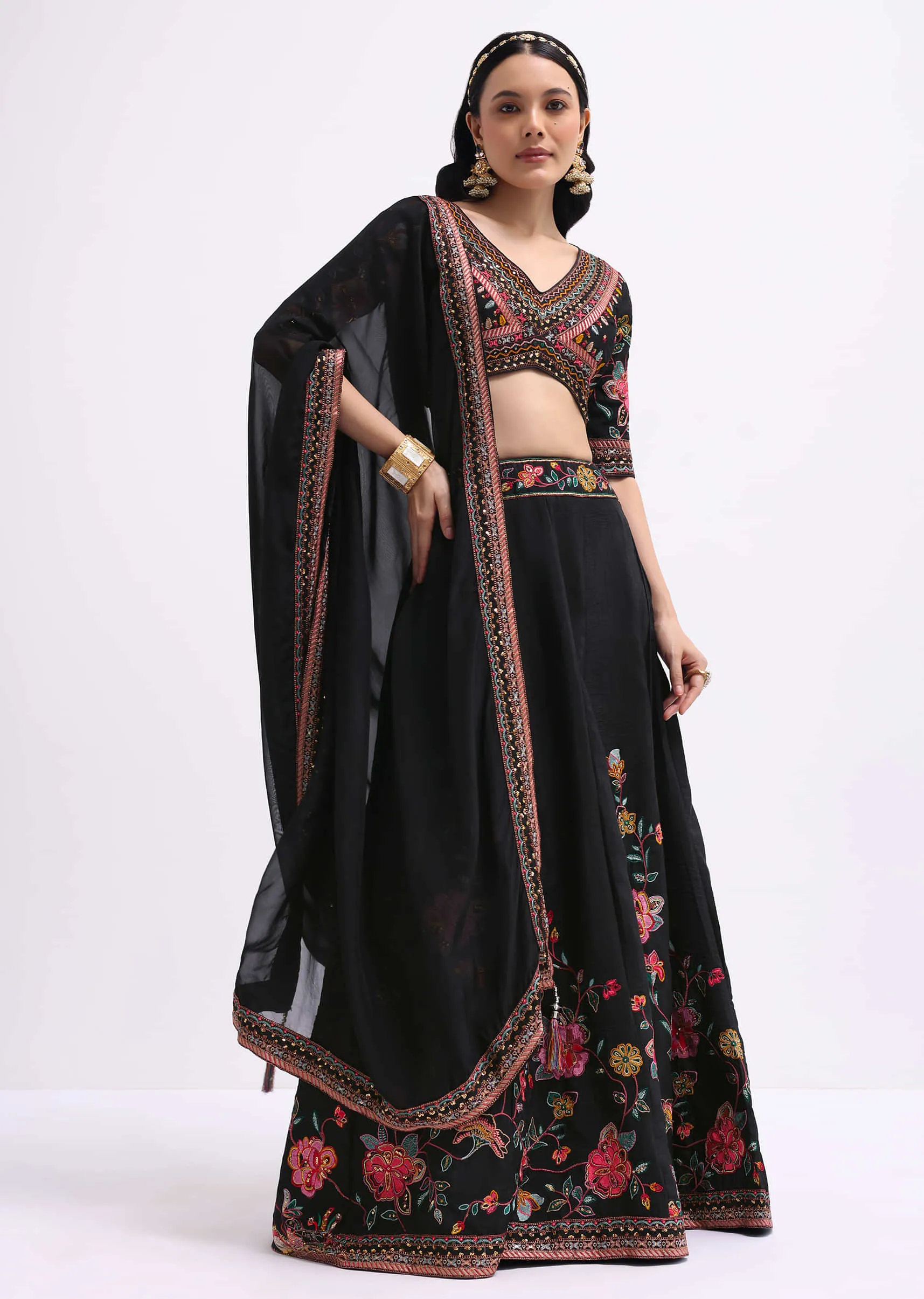 Black Silk Lehenga Choli Set With Resham Work