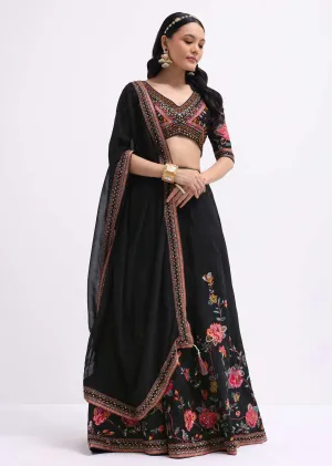 Black Silk Lehenga Choli Set With Resham Work