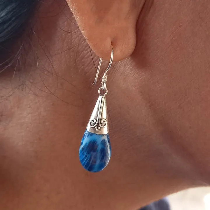 Blue Coral Filigree Earrings - Sterling Silver, Indonesia
