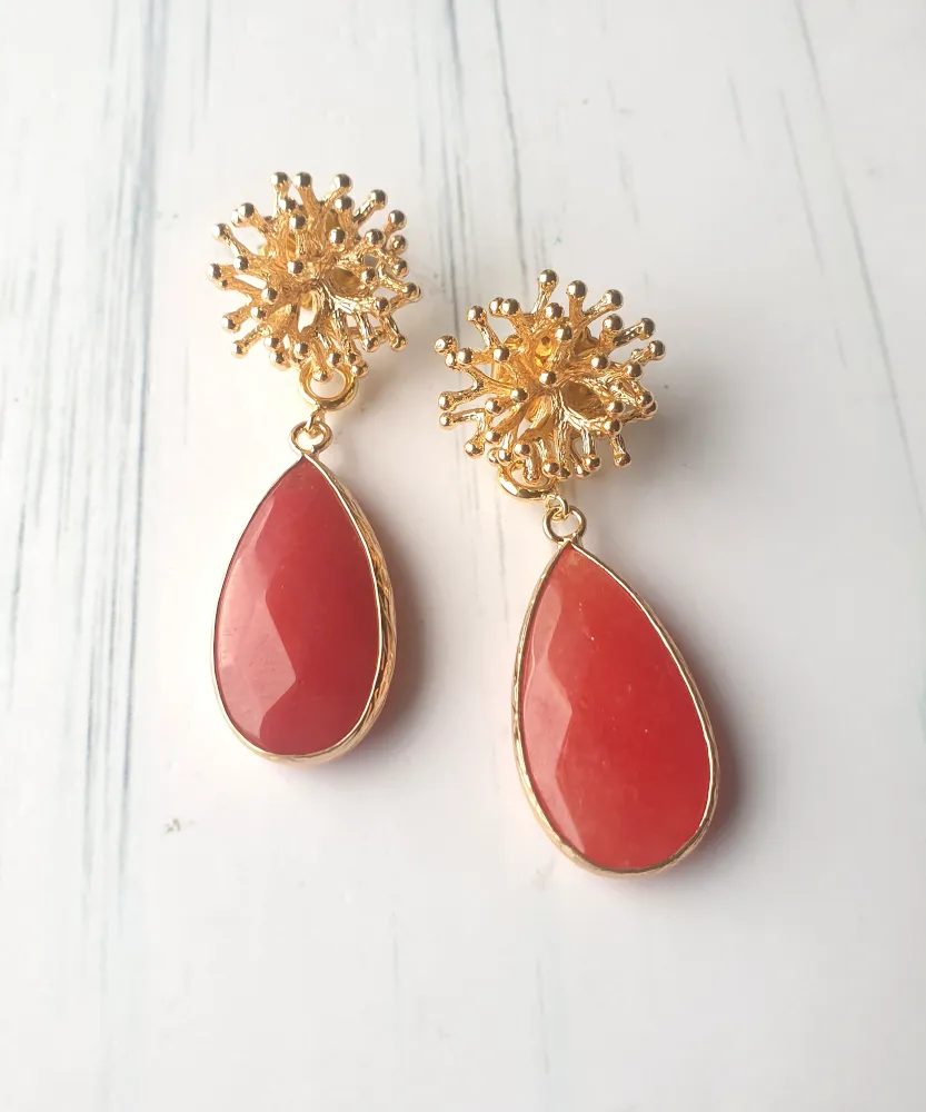 Branch Coral Stud with Carmine Red Jade Earrings