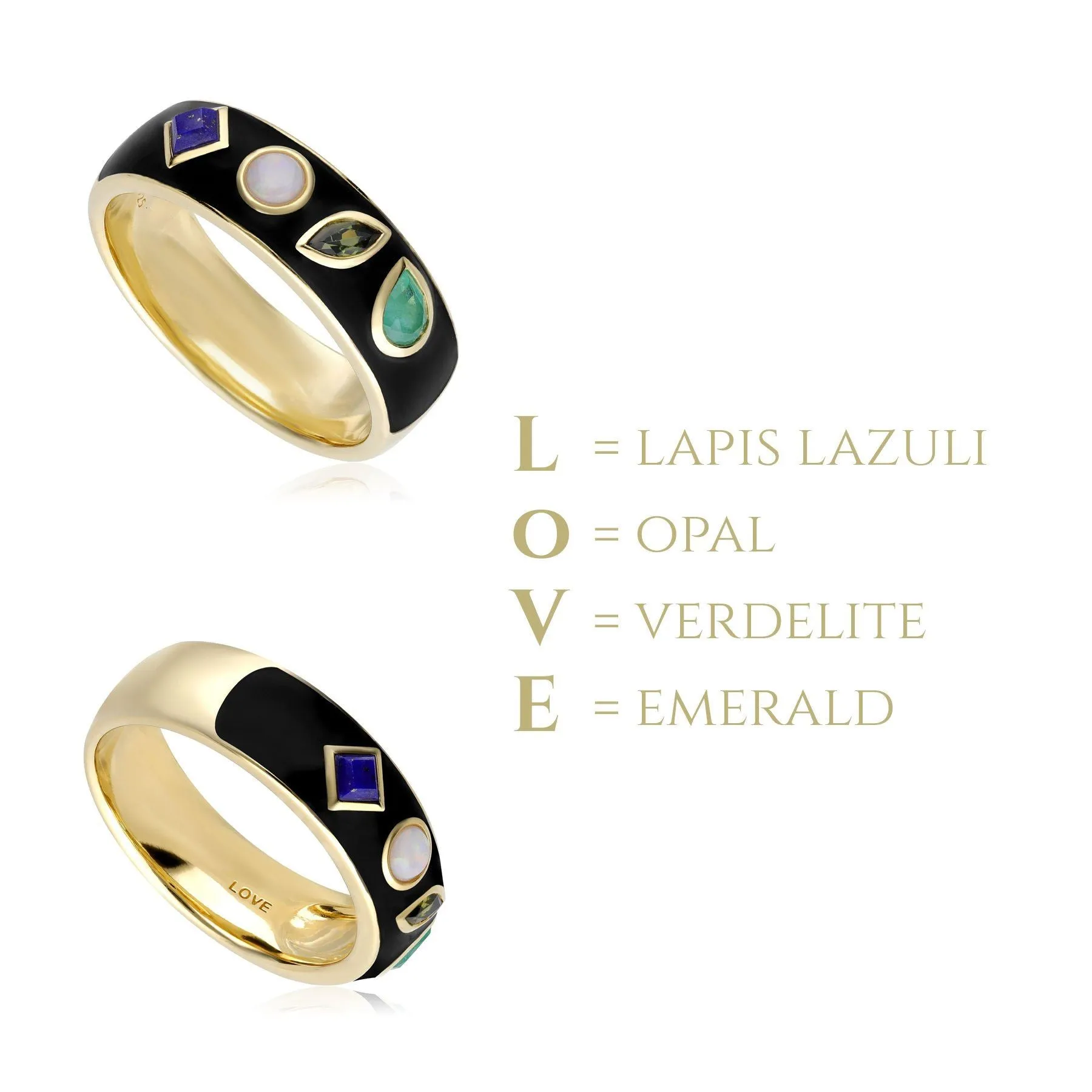 Coded Whispers Schwarzer Emaille "Love" Edelstein Ring