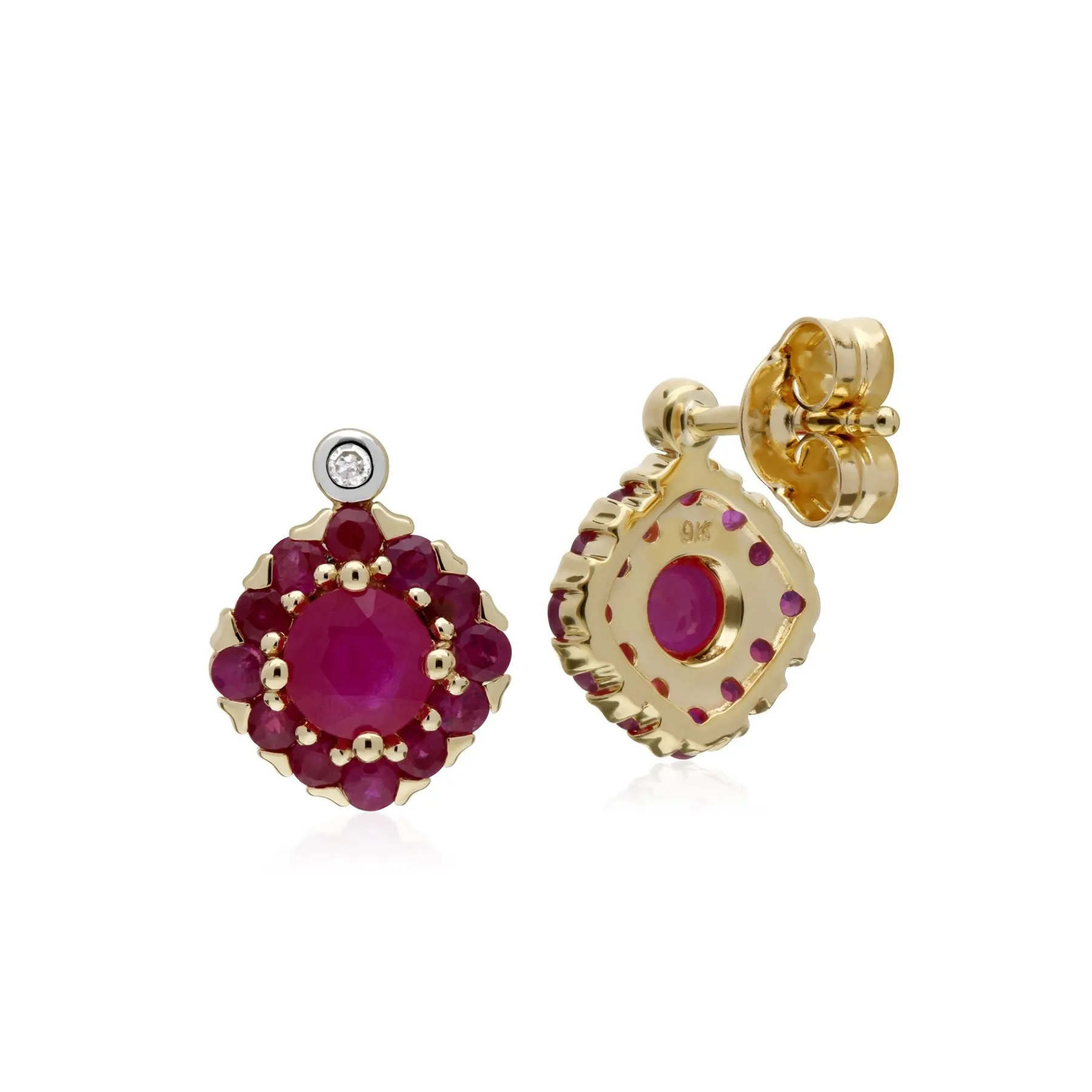Damen 9 Karat Gelbgold Rubin & Diamant Quadrat Cluster Ohrstecker
