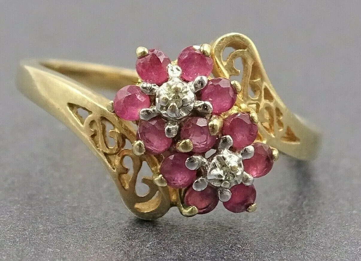 Diamond & Pink Ruby 9ct Yellow Gold Filigree Ring