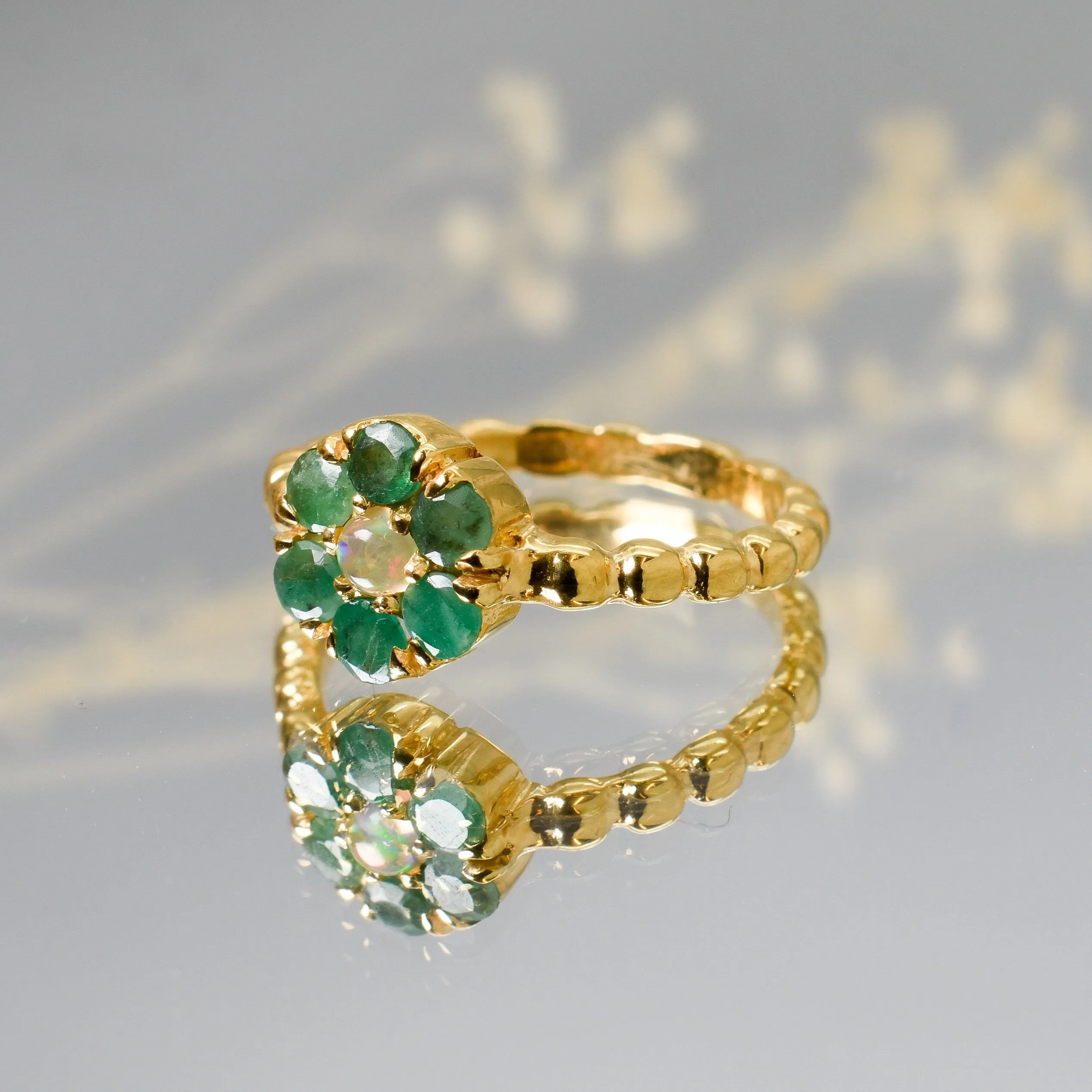 Emerald Flower Ring - Gold Emerald Ring - Opal Bubble Band