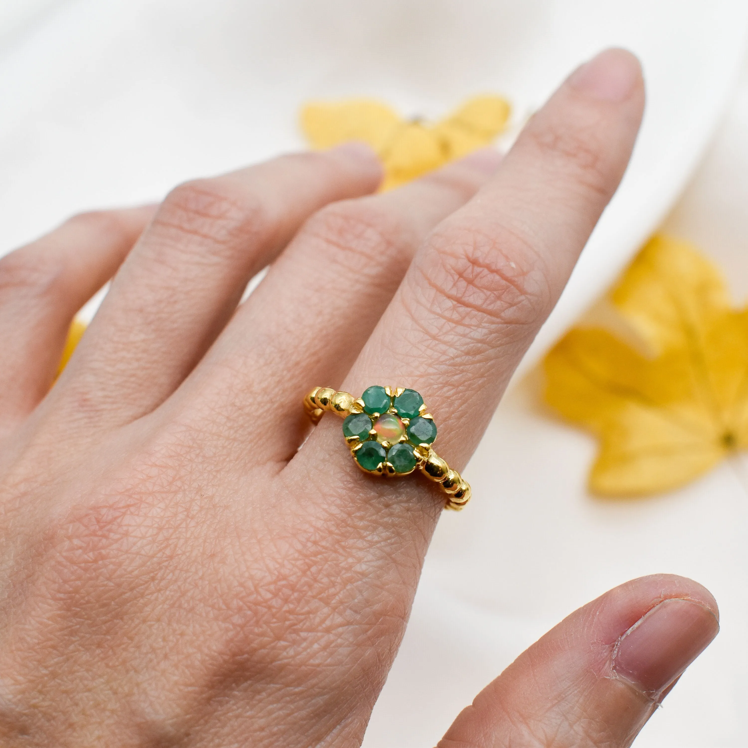 Emerald Flower Ring - Gold Emerald Ring - Opal Bubble Band