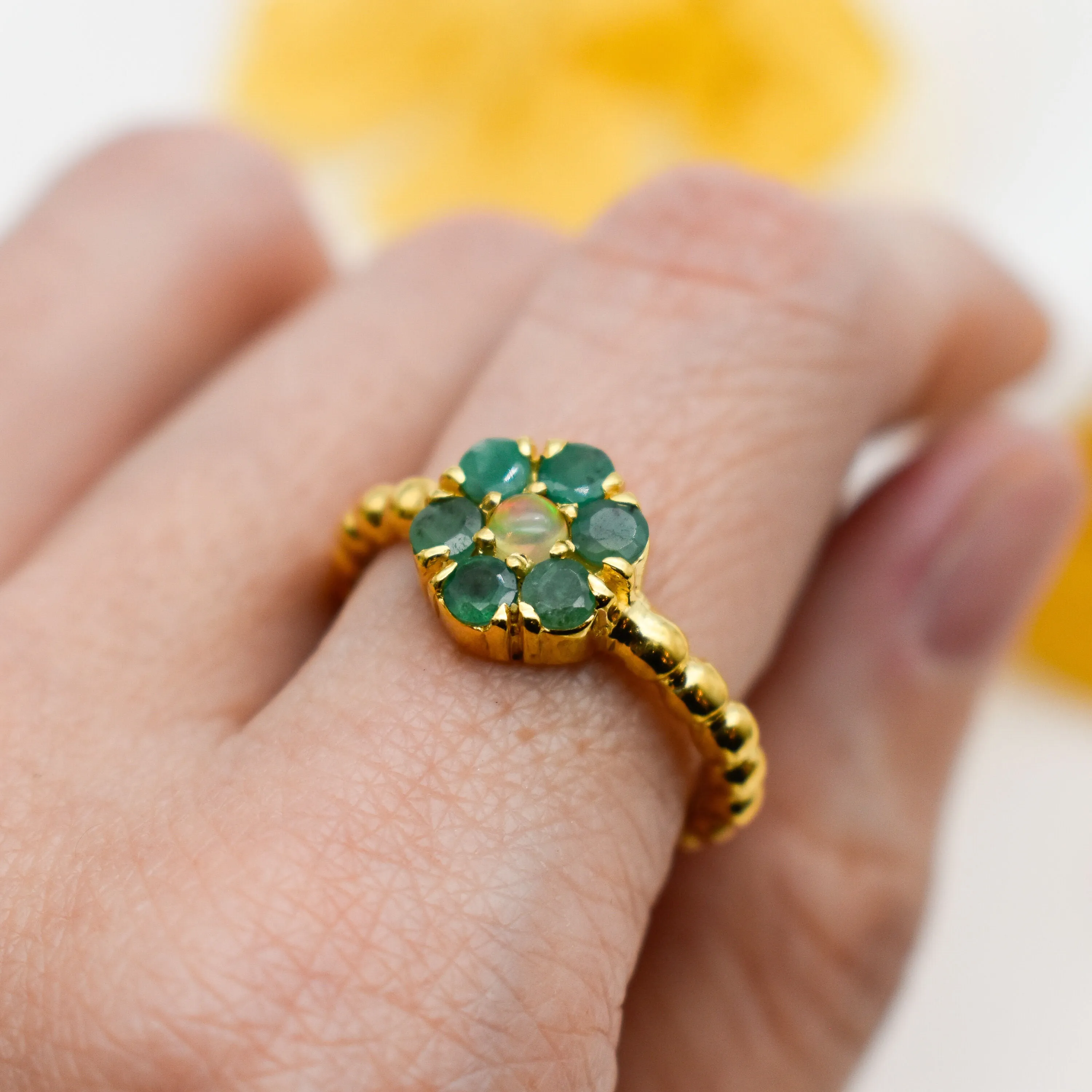 Emerald Flower Ring - Gold Emerald Ring - Opal Bubble Band