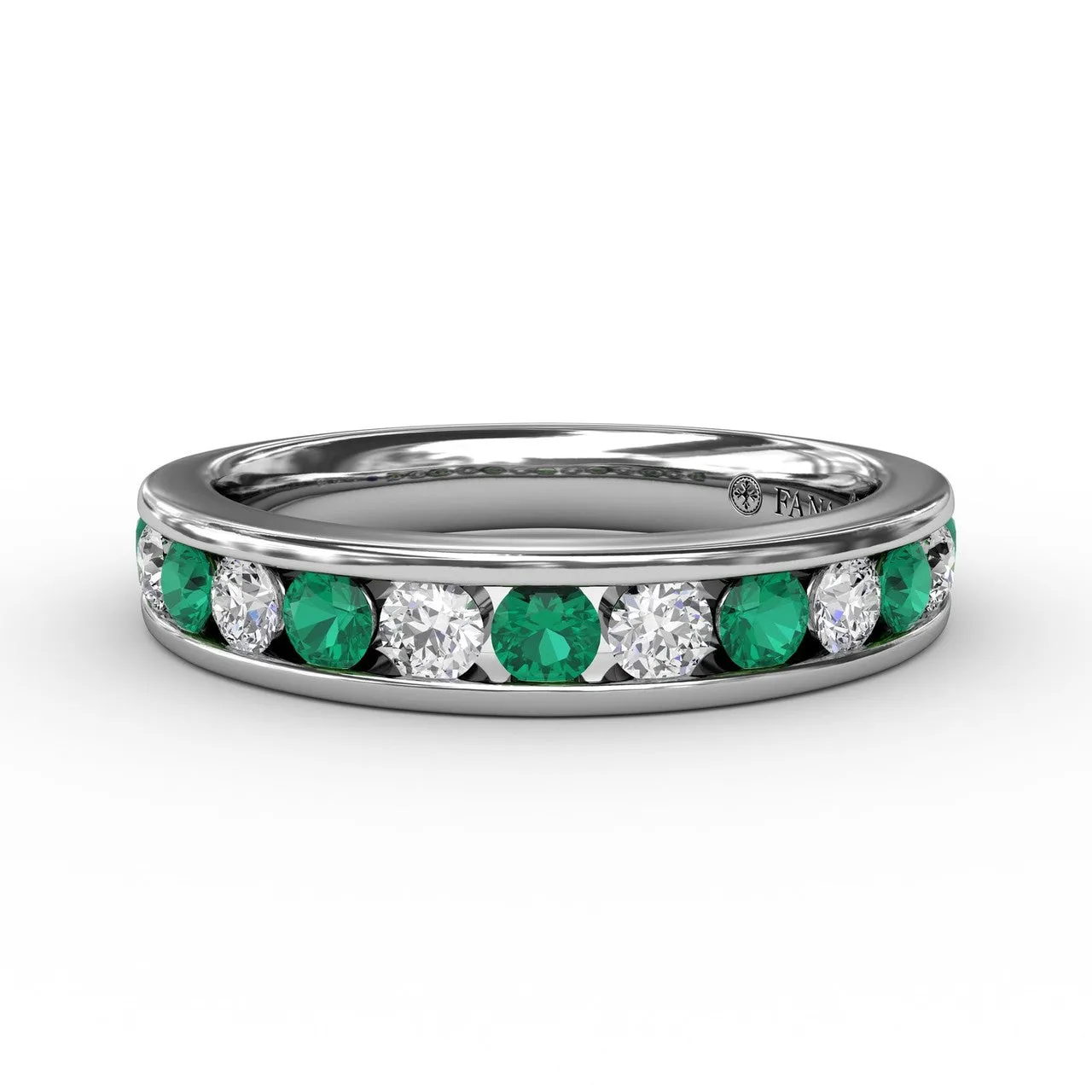 Fana 14k White Gold Single Row Emerald and Diamond Band