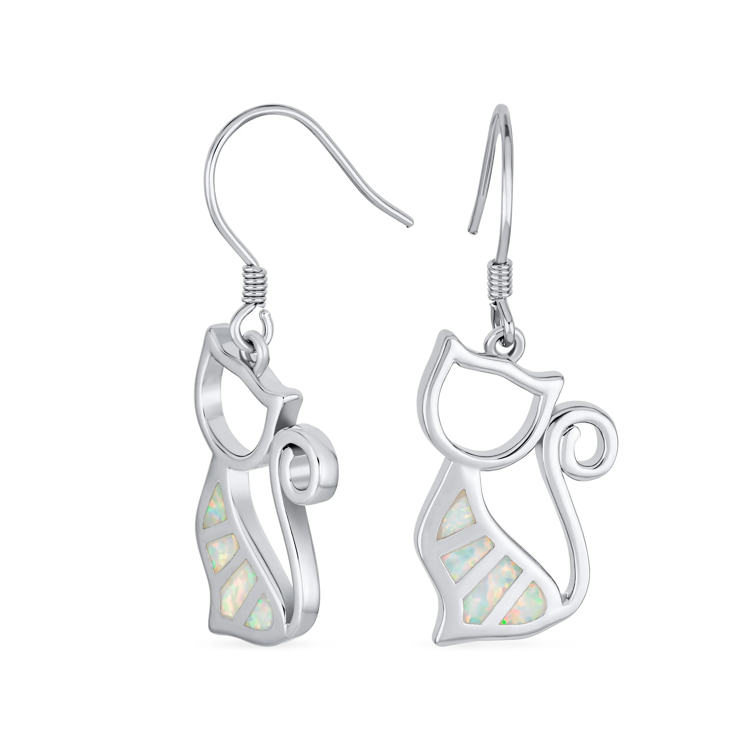 Gemstone Opal Cat Dangle Gemstone Earrings in Sterling Silver with Fish Hook