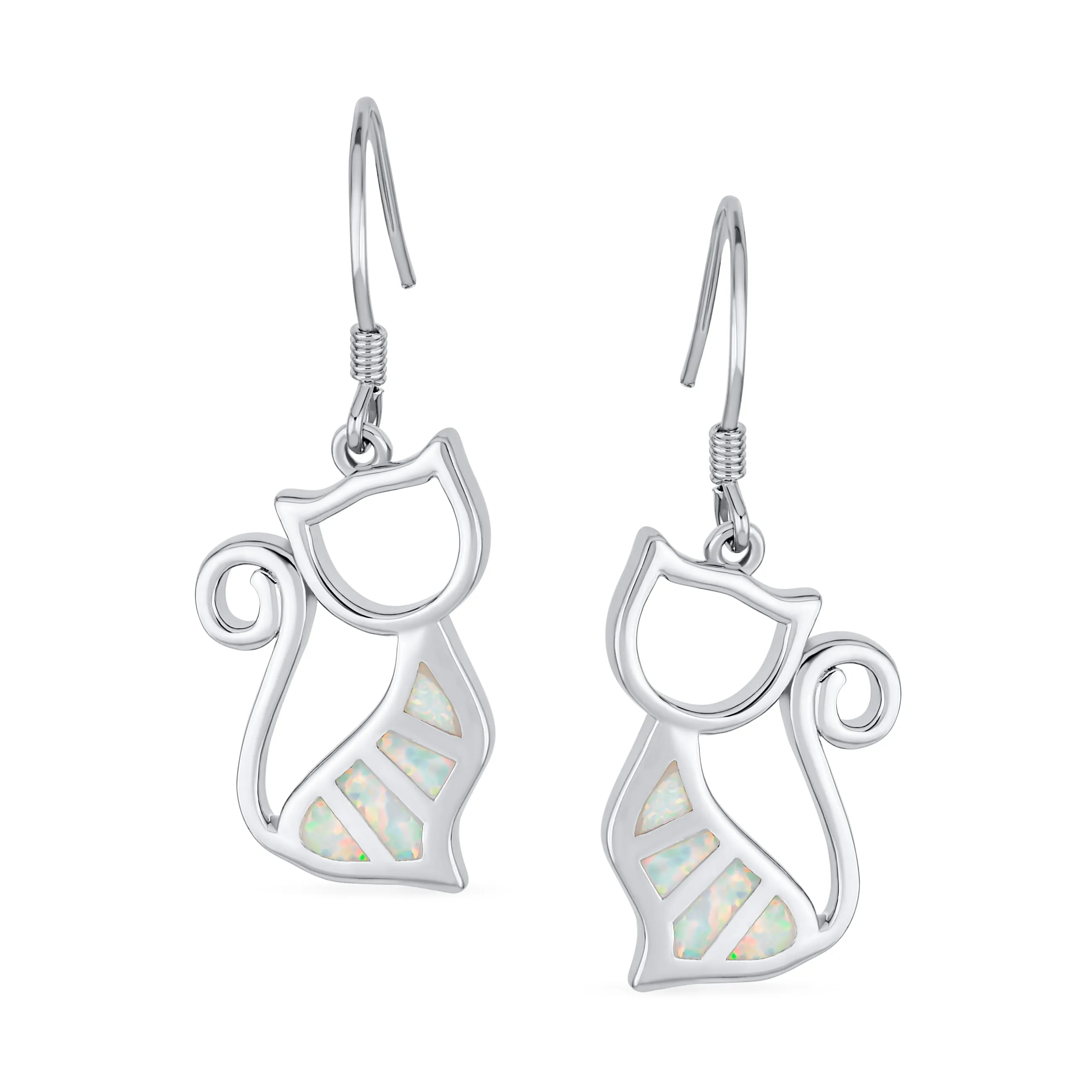 Gemstone Opal Cat Dangle Gemstone Earrings in Sterling Silver with Fish Hook