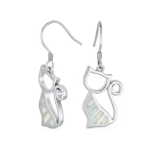 Gemstone Opal Cat Dangle Gemstone Earrings in Sterling Silver with Fish Hook