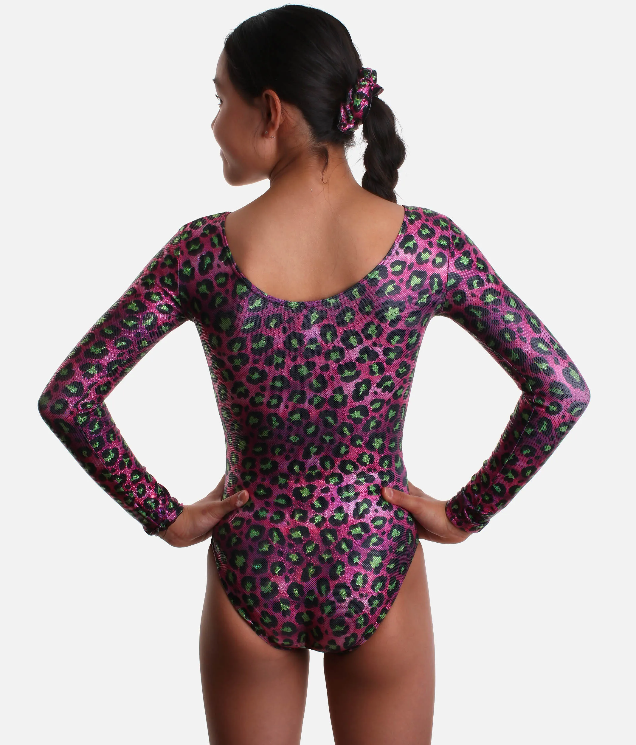 Girls Long Sleeve Gymnastics Leotard, Metallic Cheetah   Scrunchie - 7828