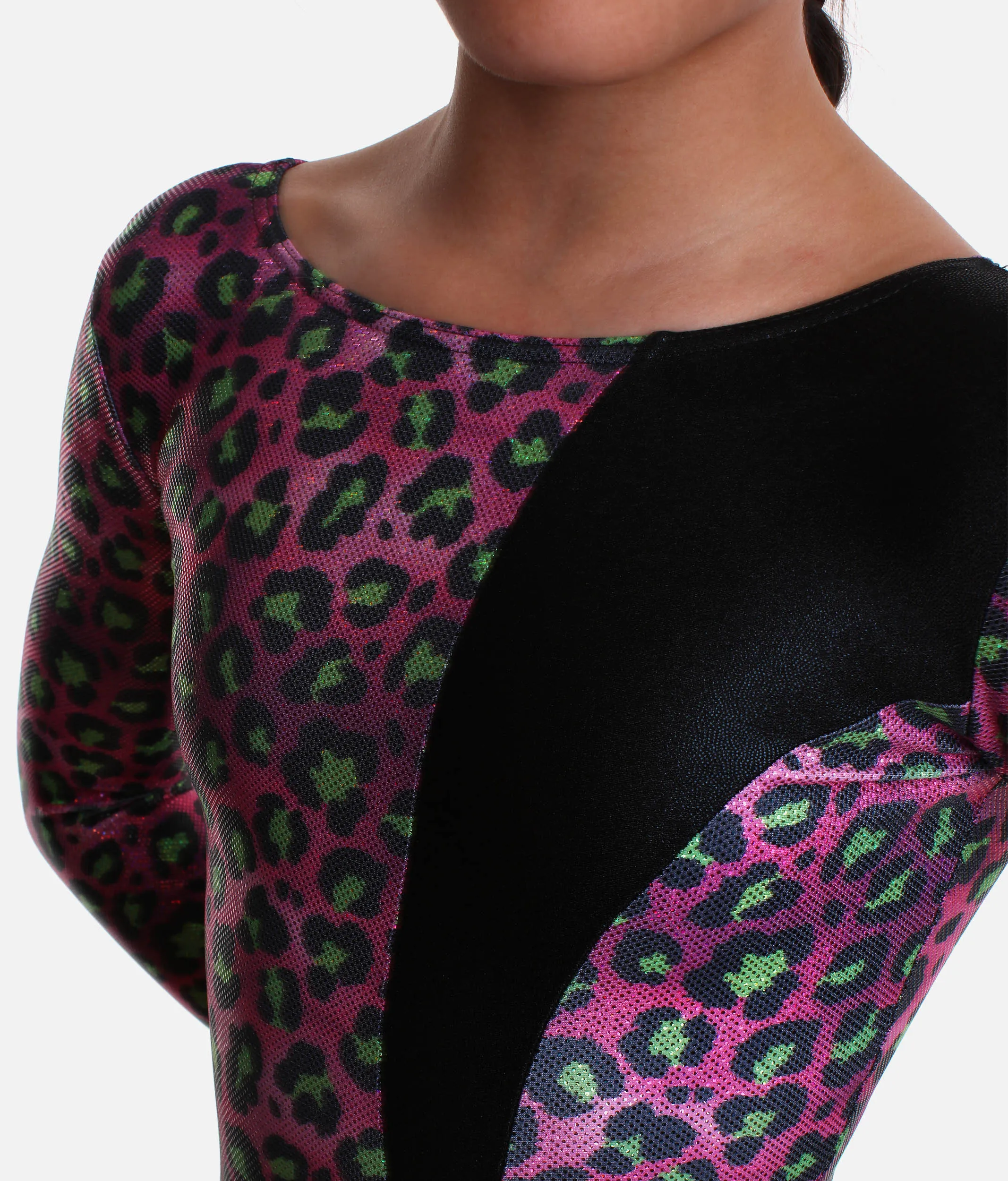 Girls Long Sleeve Gymnastics Leotard, Metallic Cheetah   Scrunchie - 7828