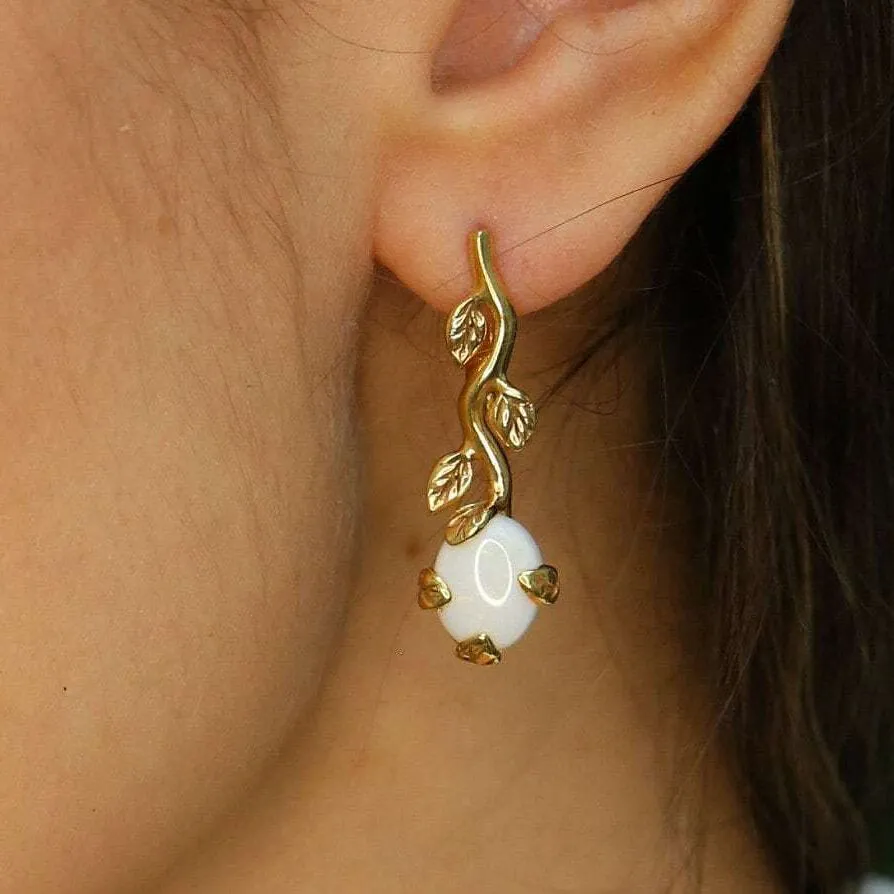 Gold Opal Earrings - Gold Leaf Earrings, White Drop Earrings