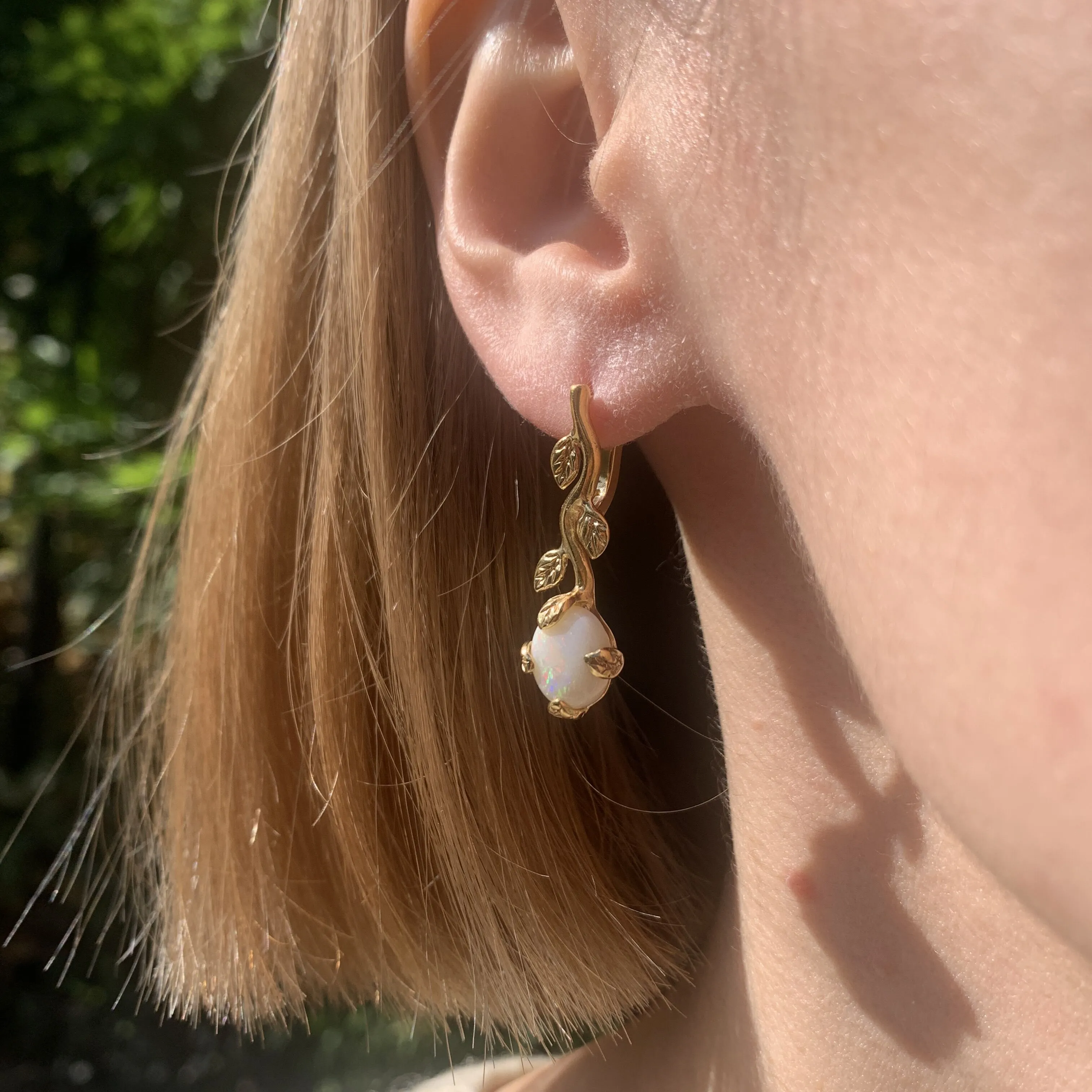 Gold Opal Earrings - Gold Leaf Earrings, White Drop Earrings