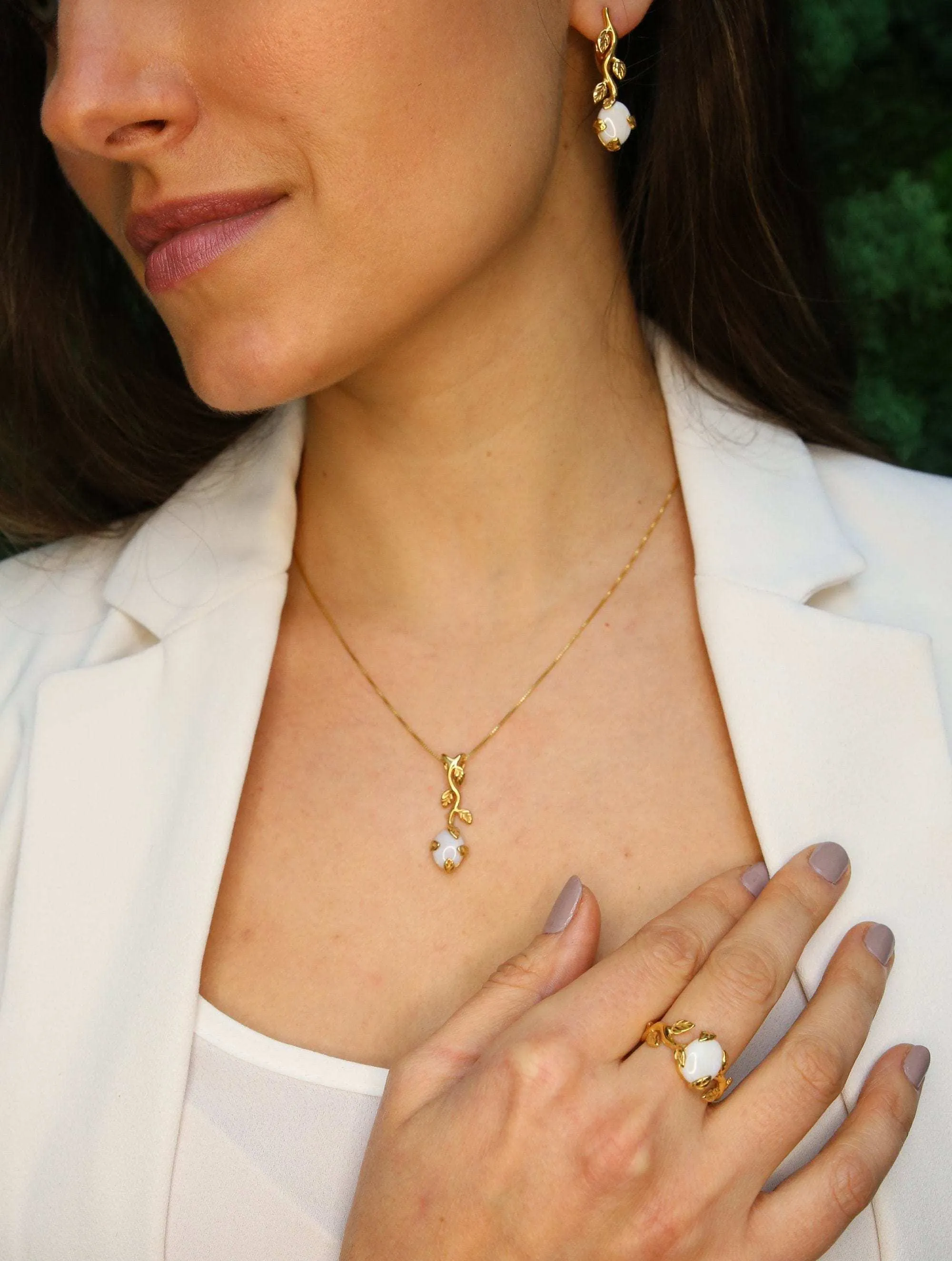 Gold Opal Earrings - Gold Leaf Earrings, White Drop Earrings