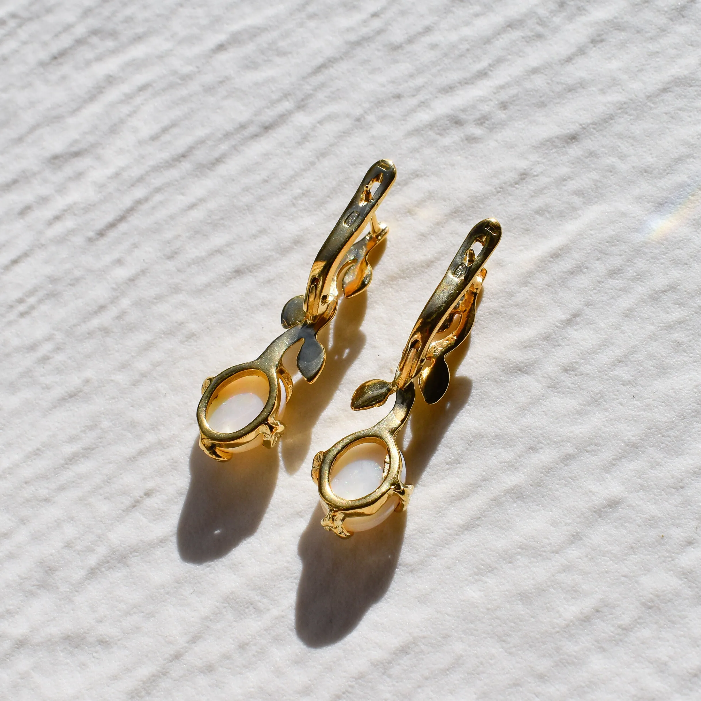 Gold Opal Earrings - Gold Leaf Earrings, White Drop Earrings