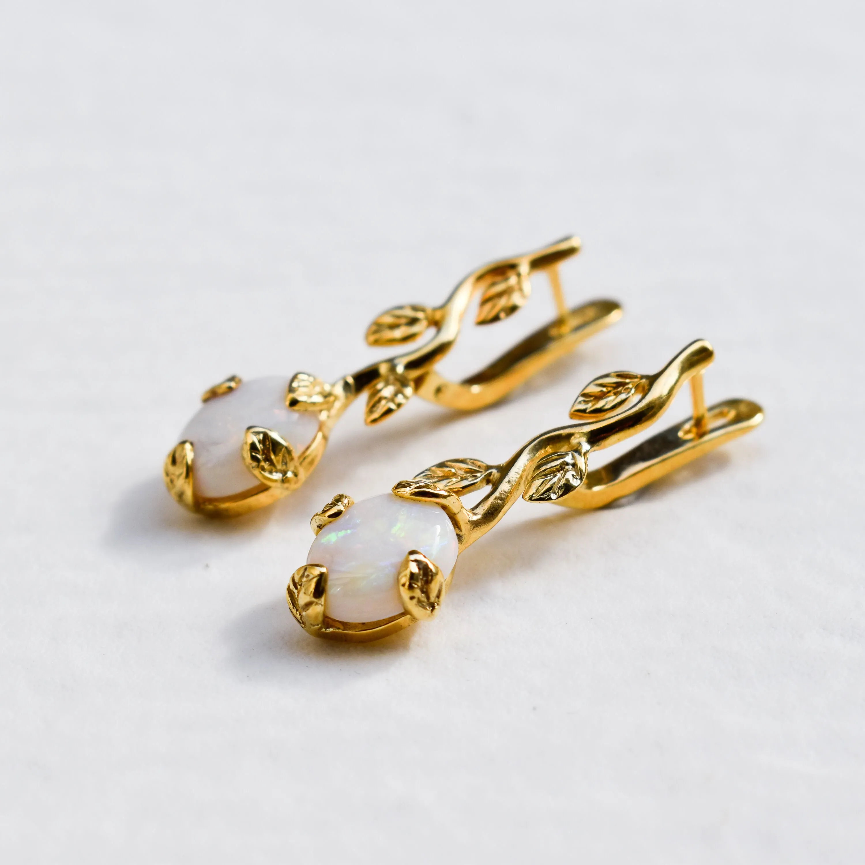 Gold Opal Earrings - Gold Leaf Earrings, White Drop Earrings