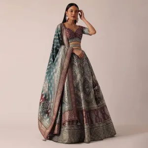 Grey Silk Printed Lehenga Set