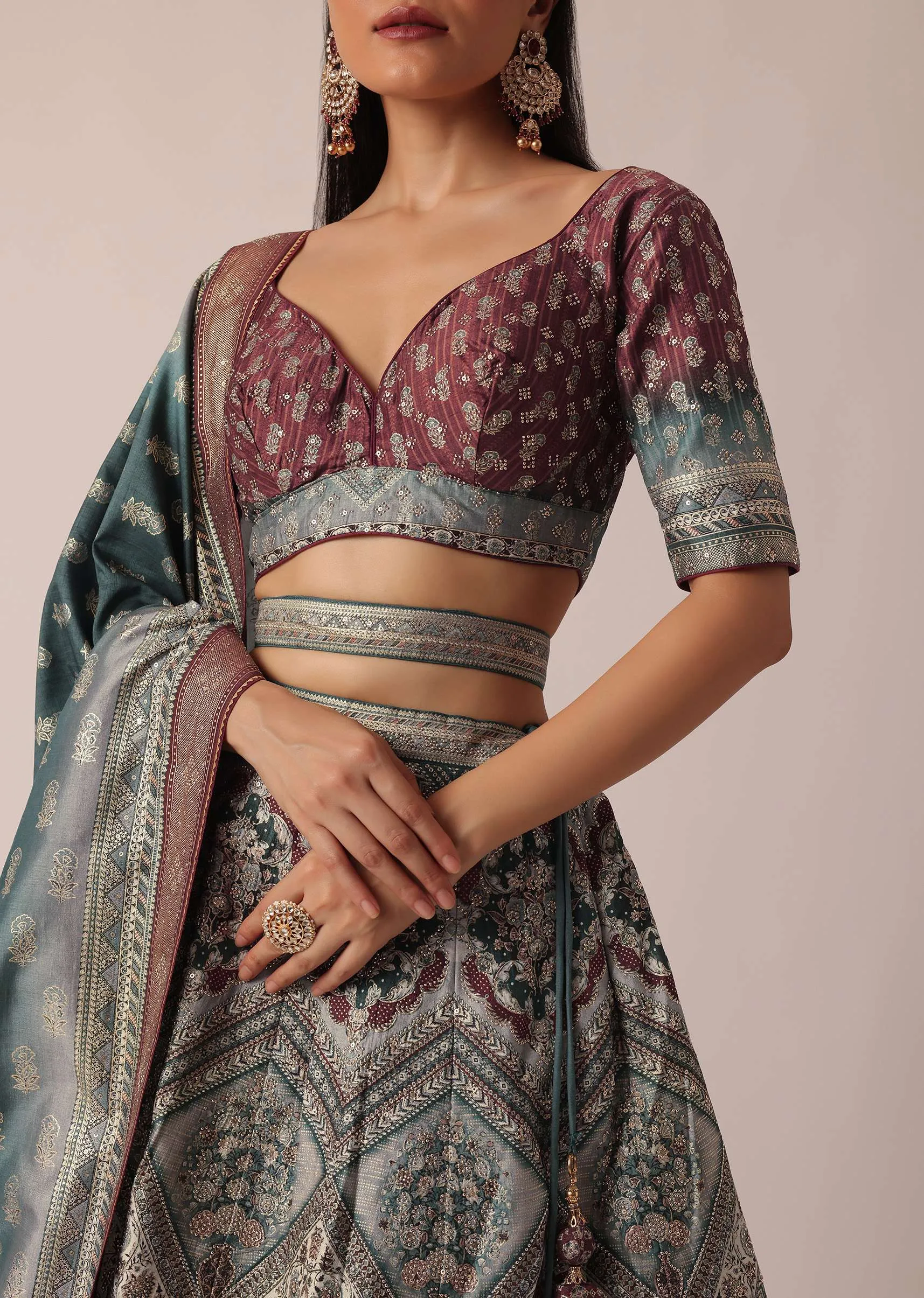 Grey Silk Printed Lehenga Set