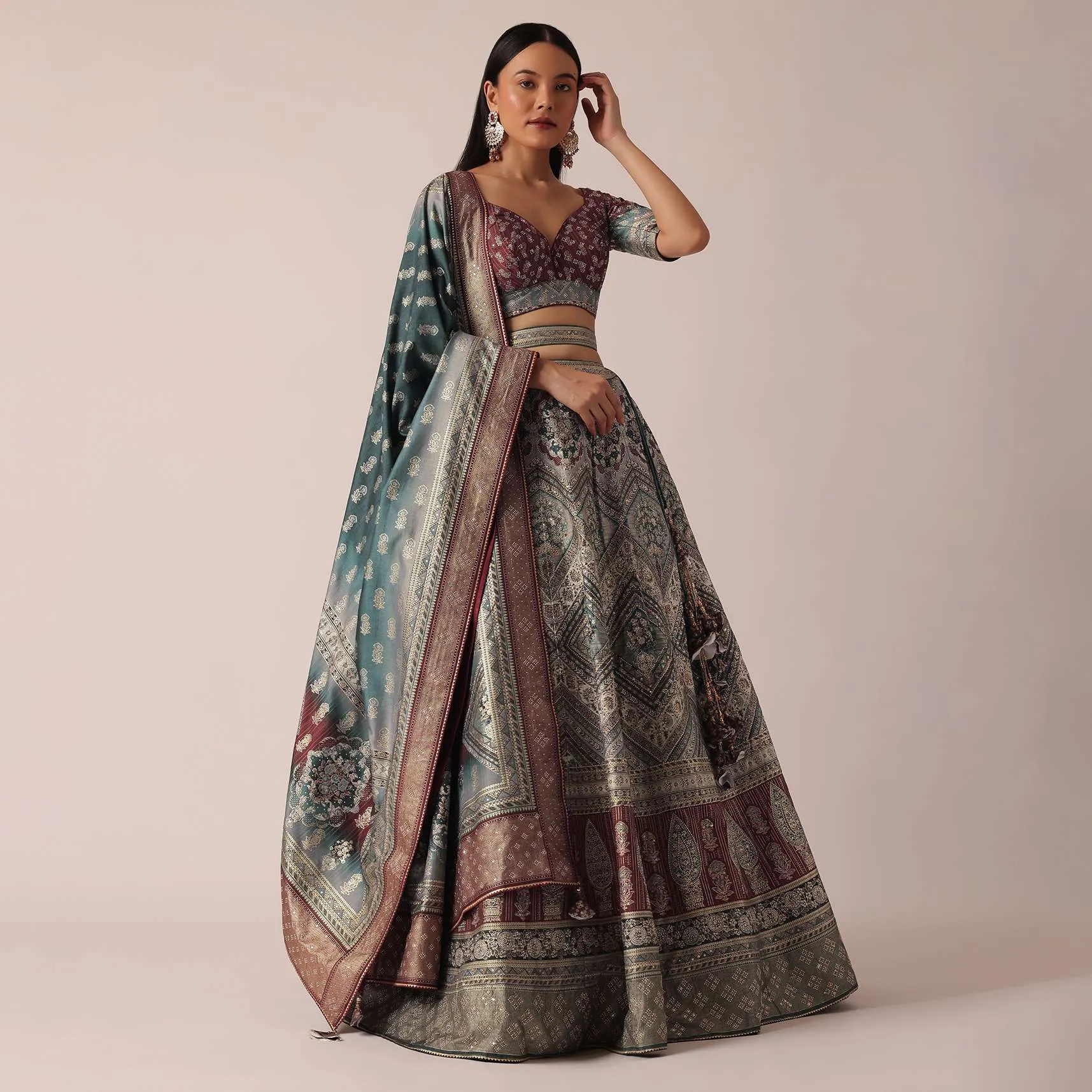 Grey Silk Printed Lehenga Set