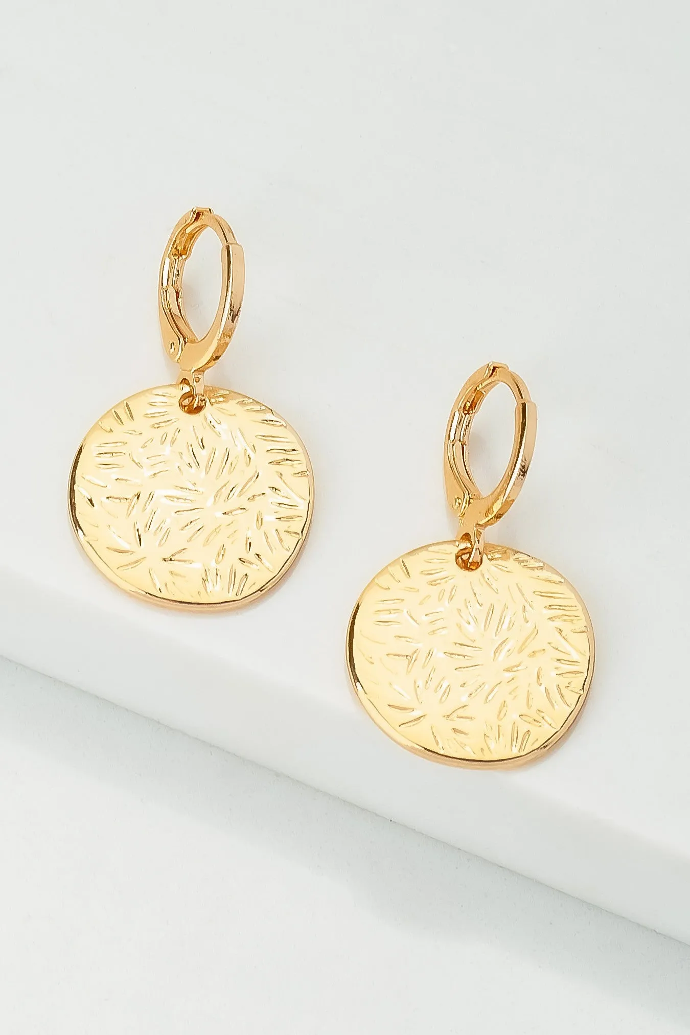 Huggie Hoop Earrings w/Etched Disk Drop