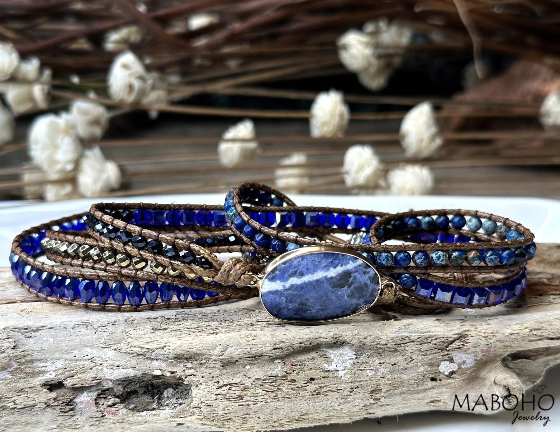Lapis Lazuli 5 Wrap Adjustable Bohemian Bracelet