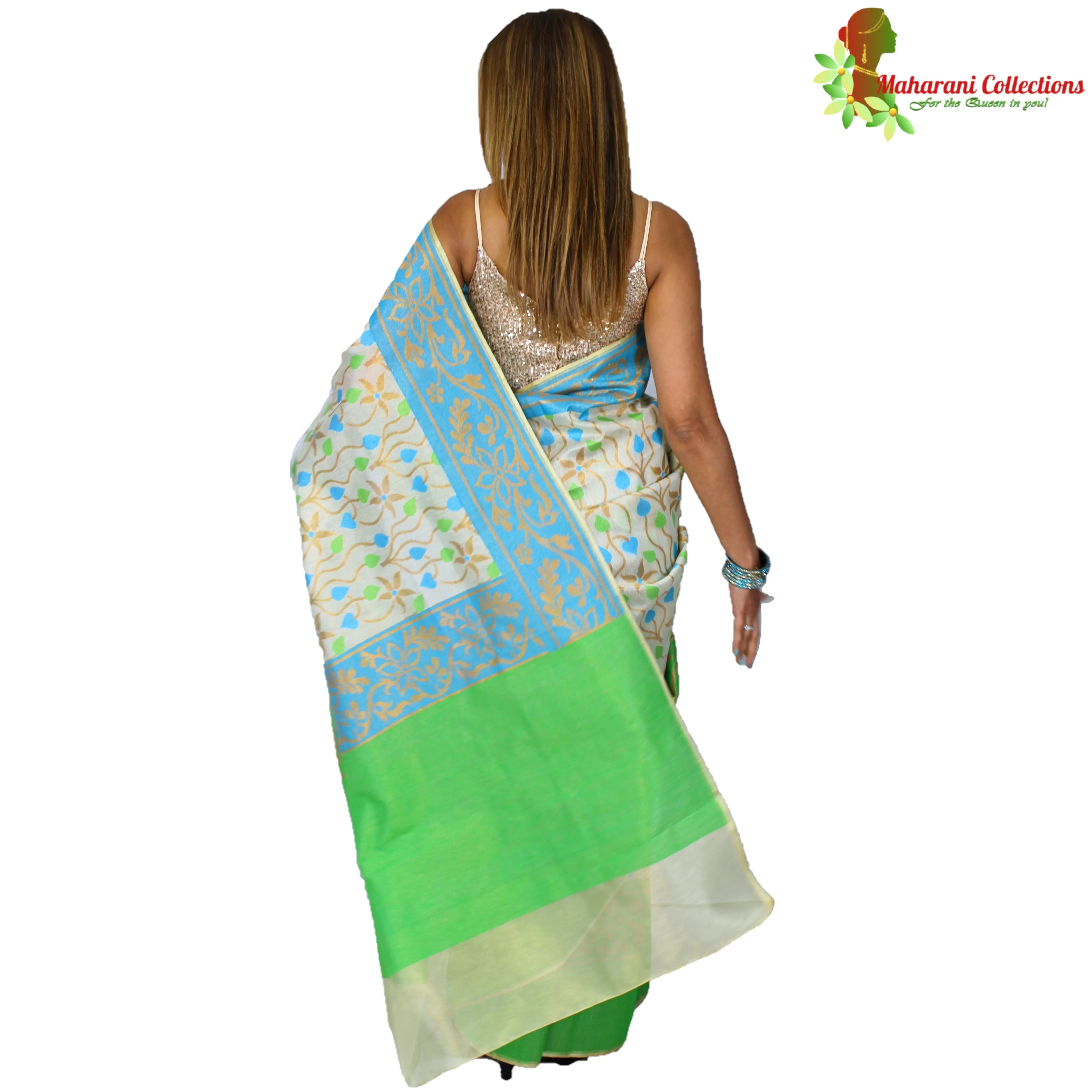 Maharani's Pure Banarasi Tissue Silk Saree - Green and Beige (with Stitched Blouse and Petticoat)